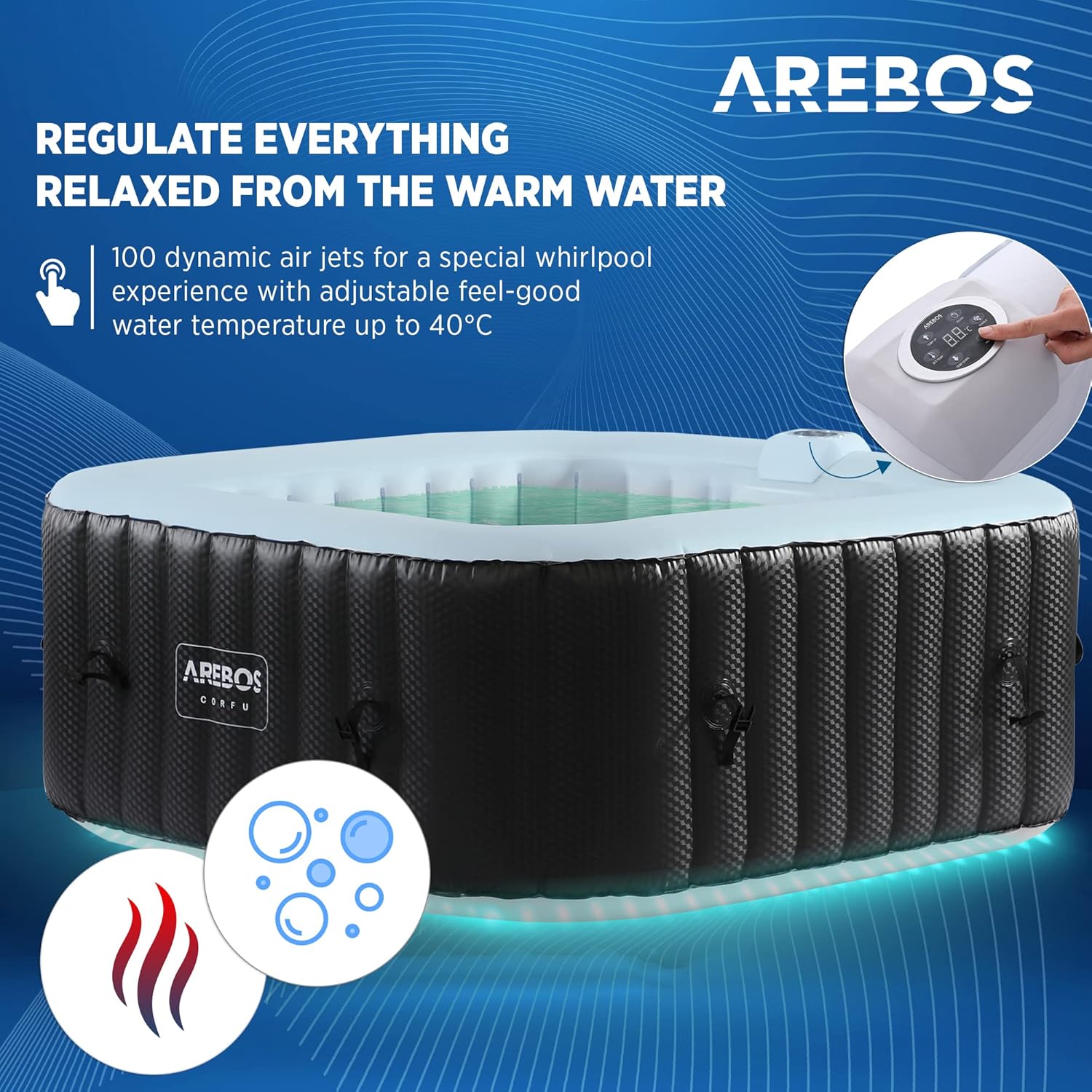 Arebos Whirlpool | 154 x 154 cm | mit LED-Beleuchtung | aufblasbar | quadratisch | In- & Outdoor | 4 Personen | 100 Massagedüsen | mit Heizung | 600 L | Inkl. Abdeckung | Bubble Spa & Wellness Massage