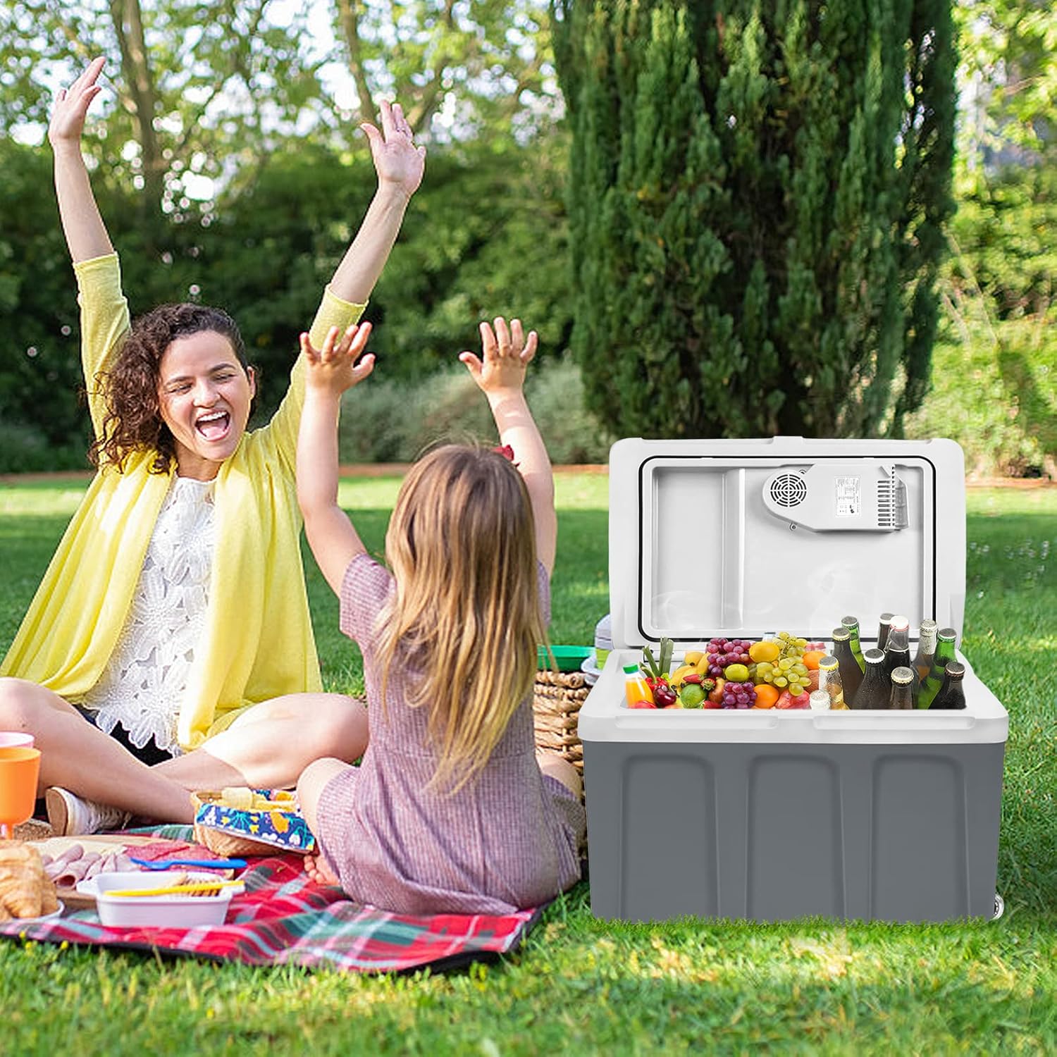 AufuN 48L Kühlbox mit Rollen, zum Warmhalten und Kühlen, Mini-Kühlschrank, 12 V und 230 V für Auto, Lkw, Boot, Reisemobil und Steckdose, mit ECO Modus(Grau)