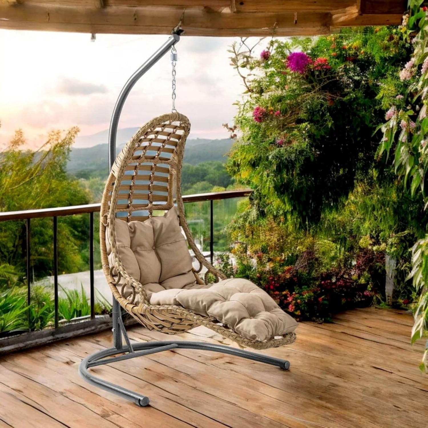Hängesessel mit Gestell & Kissen Handgeflechtet Hängestuhl Rattan Hängematte Hängekorb Garten Balkonmöbel Hängeschaukel Bodrum (Hellbraun)