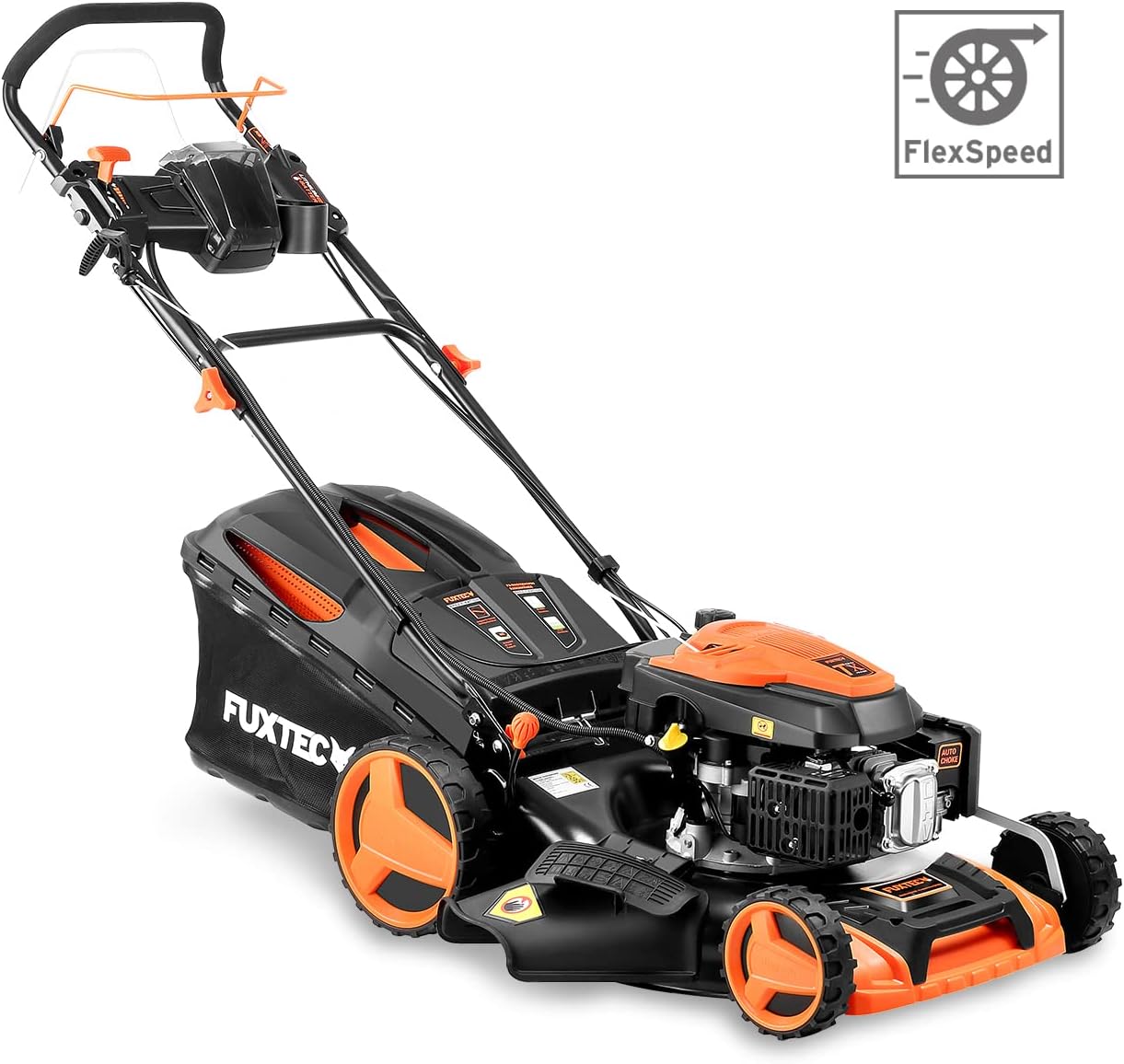 FUXTEC 4in1 Benzin Rasenmäher FX-RM5196eSPRO mit E-Start und regulierbarem Selbstantrieb, Gartenmäher inkl. Frontstoßstange, 51 cm Schnittbreite, kugelgelagerte Big Wheel Räder, 60L Grasfangkorb
