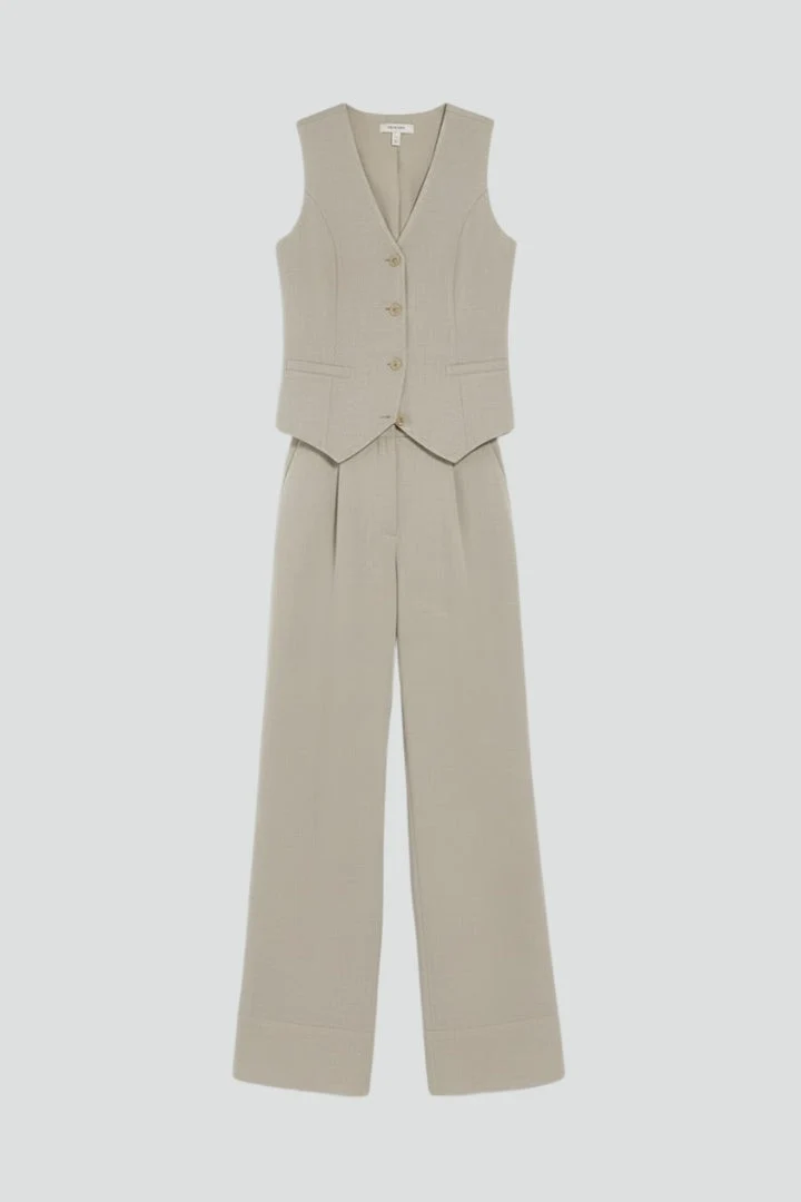 Damen Zweiteiler Set mit Weste und weiter Hose | Klassischer Hosenanzug mit V-Ausschnitt und High-Waist Stoffhose