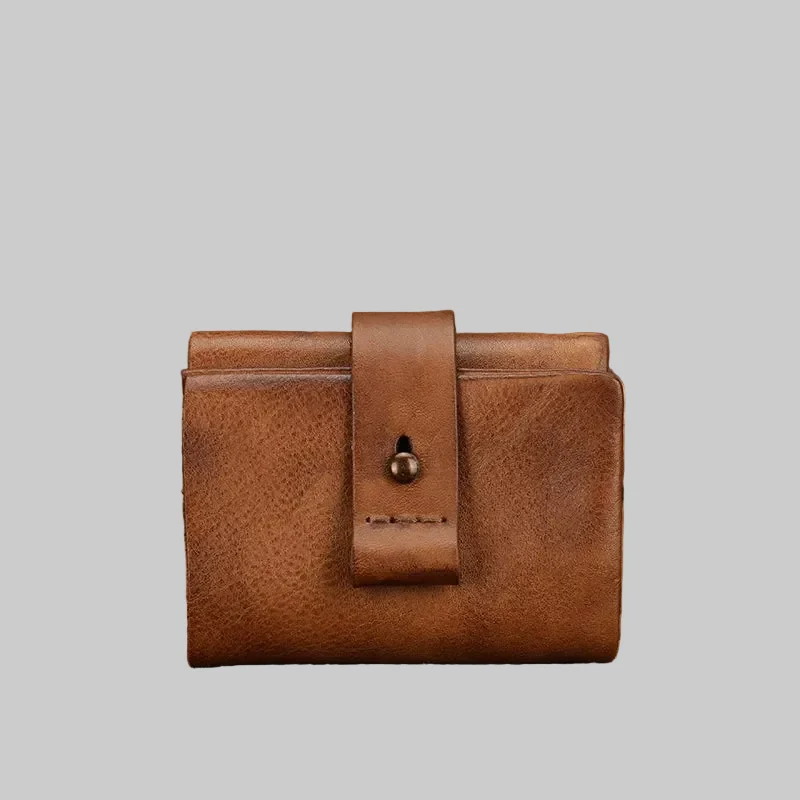 Full Grain Leather Snap Button Mini Trifold Wallet