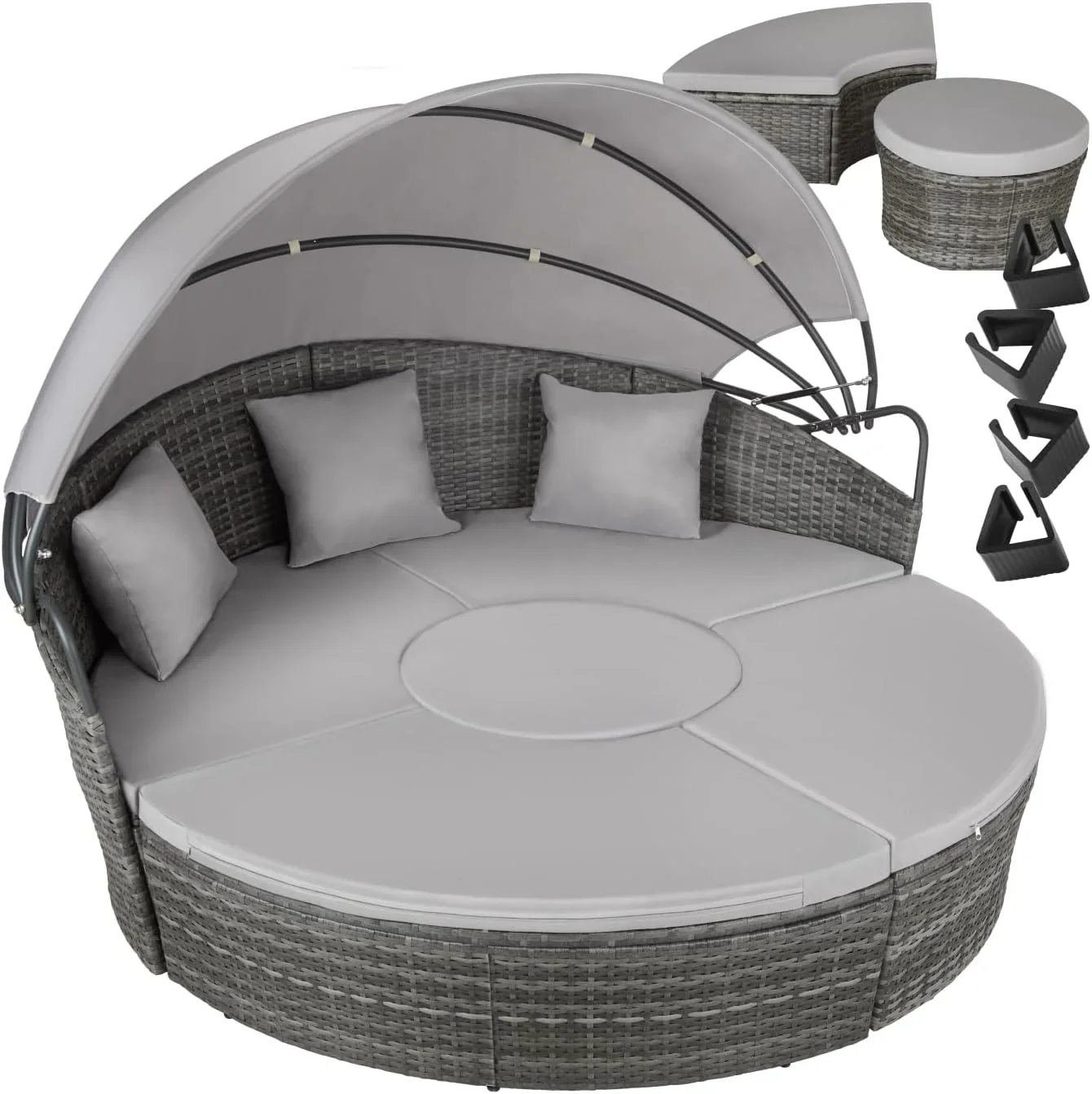 tectake Rattan Island with Cushions, Garden Set with Folding Sliding Awning, Outdoor Garden Furniture with Steel Frame and UV Resistant, Combinable Terrace Set – Beige