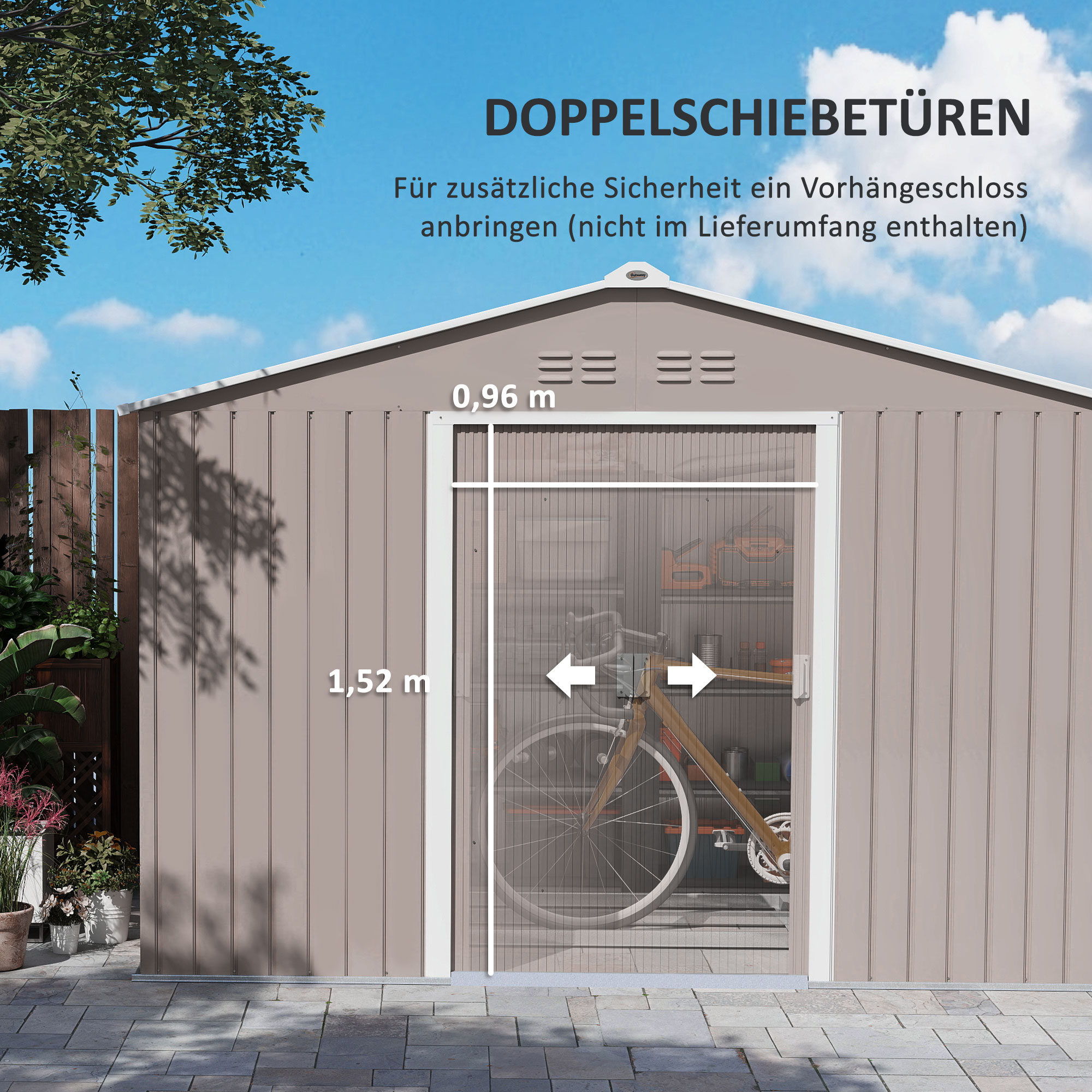 Metalen tuinschuur met schuifdeuren en ventilatieramen, 277 x 195 x 192 cm, lichtgrijs