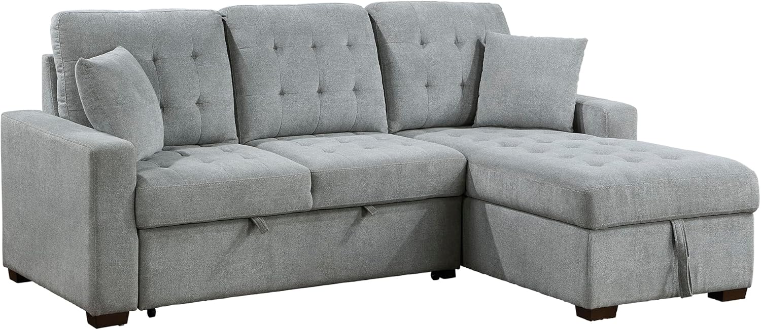 Sleeper Sofa, L Shape Sectional Couch with Right Storage Chaise and Pull Out Sofa Bed, Grey