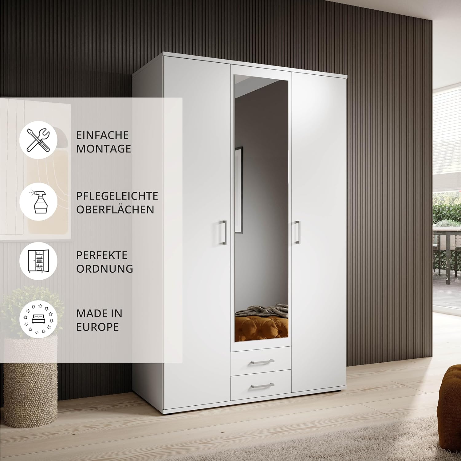 Stella Trading KARL Eleganter Kleiderschrank 3-türig mit viel Stauraum - Vielseitiger Drehtürenschrank in Weiß mit Spiegeltür - 120 x 195 x 55 cm (B/H/T)