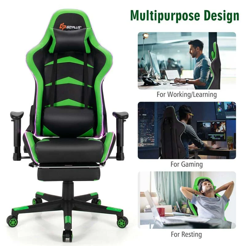 Led Massage Gaming Chair Height Adjustable Racing Computer Office Chair With Footrest Ergonomic High Back Pu Swivel Game Chair - Comfortable And Ergonomic Design