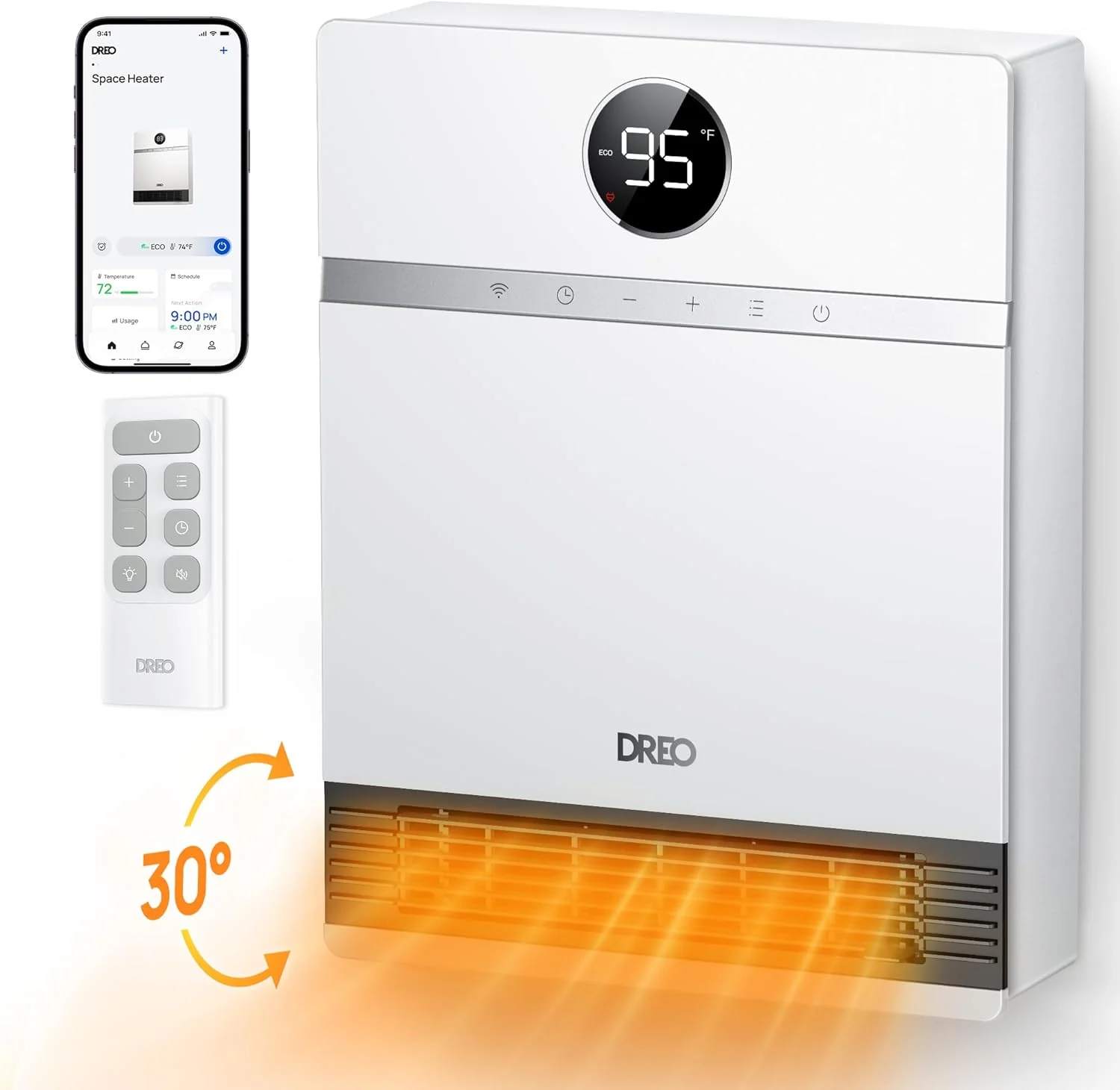 Dreo Smart Wall Heater. IP24 Electric PTC Space Heaters for Indoor Use. 30掳 Oscillation. Adjustable Thermostat. Remote Control. Works with Alexa. 24H Timer. Easy-mounted for Bedroom. Office. Home