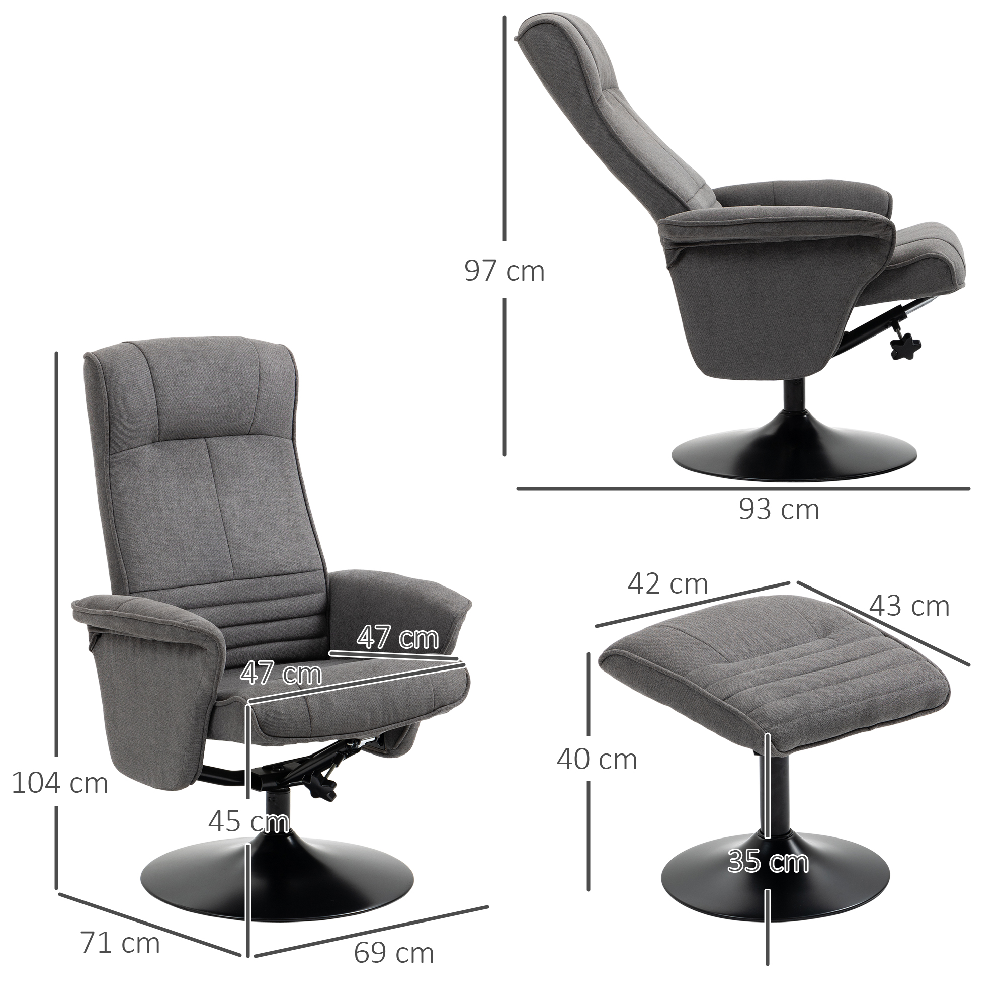 Relaxfauteuil met Voetenbankje, Verstelbare Rugleuning, 69 cm x 71 cm x 104 cm, Donkergrijs + Zwart