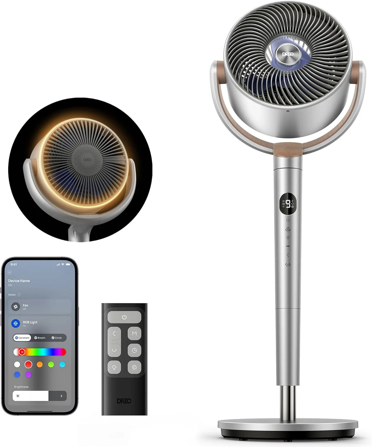 DREO Smart Fan for Bedroom. 120掳 +120掳 Omni-Directional Oscillating Fans. 100ft Quiet Pedestal Fan with RGB Light. 9 Speeds. 6 Modes. 20dB. 8H Timer. Wi-Fi/Voice/Alexa. 37-42 Floor Fans with Remote