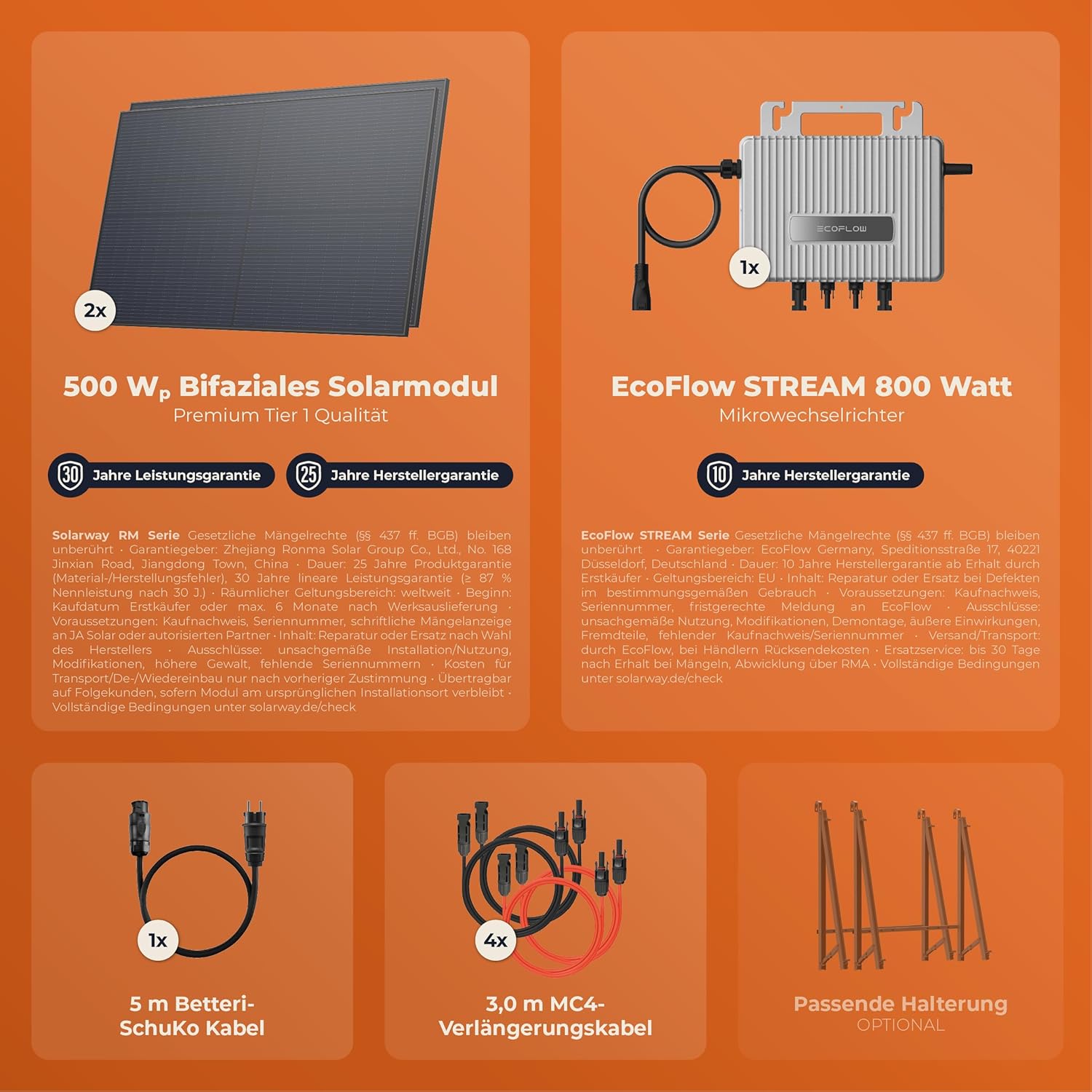 Solarway® 1000Wp / 800W Balkonkraftwerk komplett Steckdose - neuester EcoFlow Stream 800 Watt Wechselrichter - Solaranlage Komplettset - 500W bifaziale Black Solarmodule & EcoFlow & Zubehör