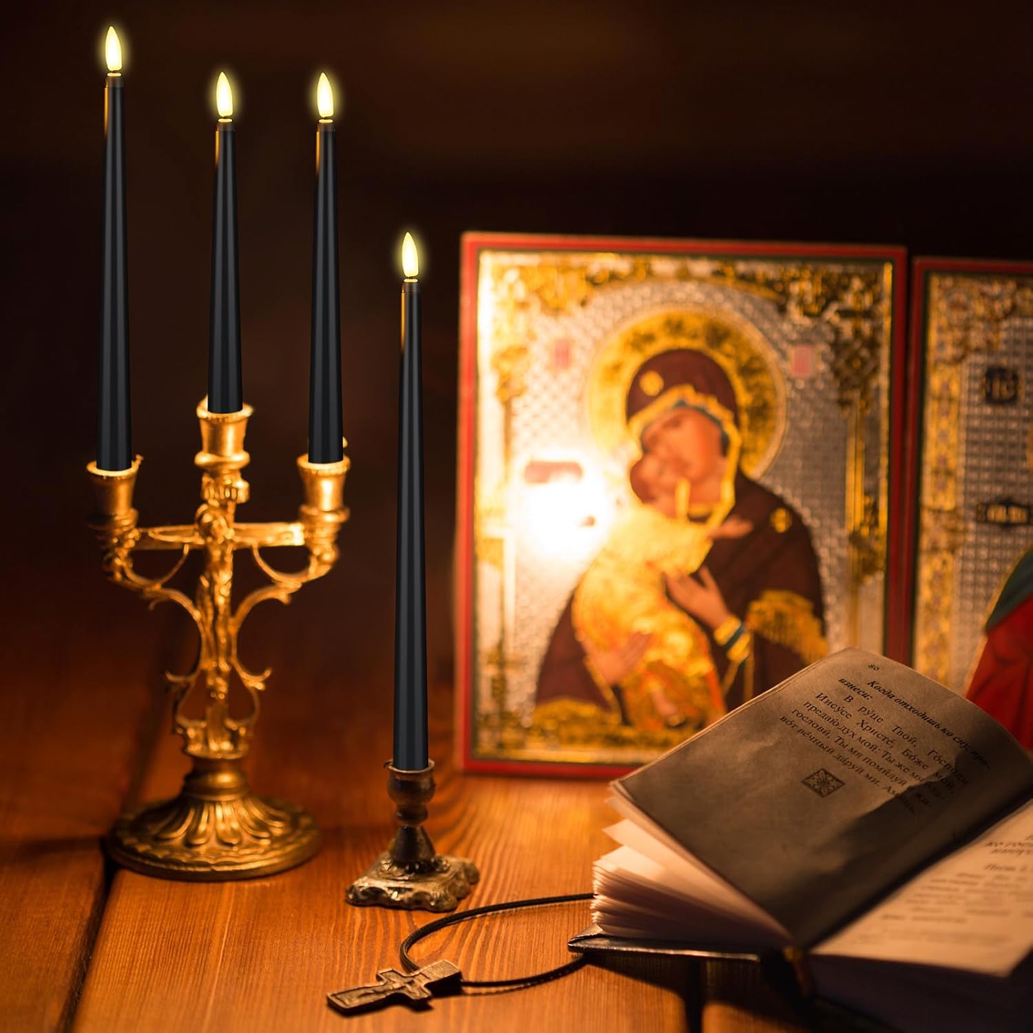 Flammenlose LED-Kerzen, batteriebetrieben, 4 Größen von 21,6 cm, 24 cm, 27,7 cm, 32,8 cm, flackernde Kerzen für Kirche, Hochzeit, Heimdekoration, Schwarz, 64 Stück