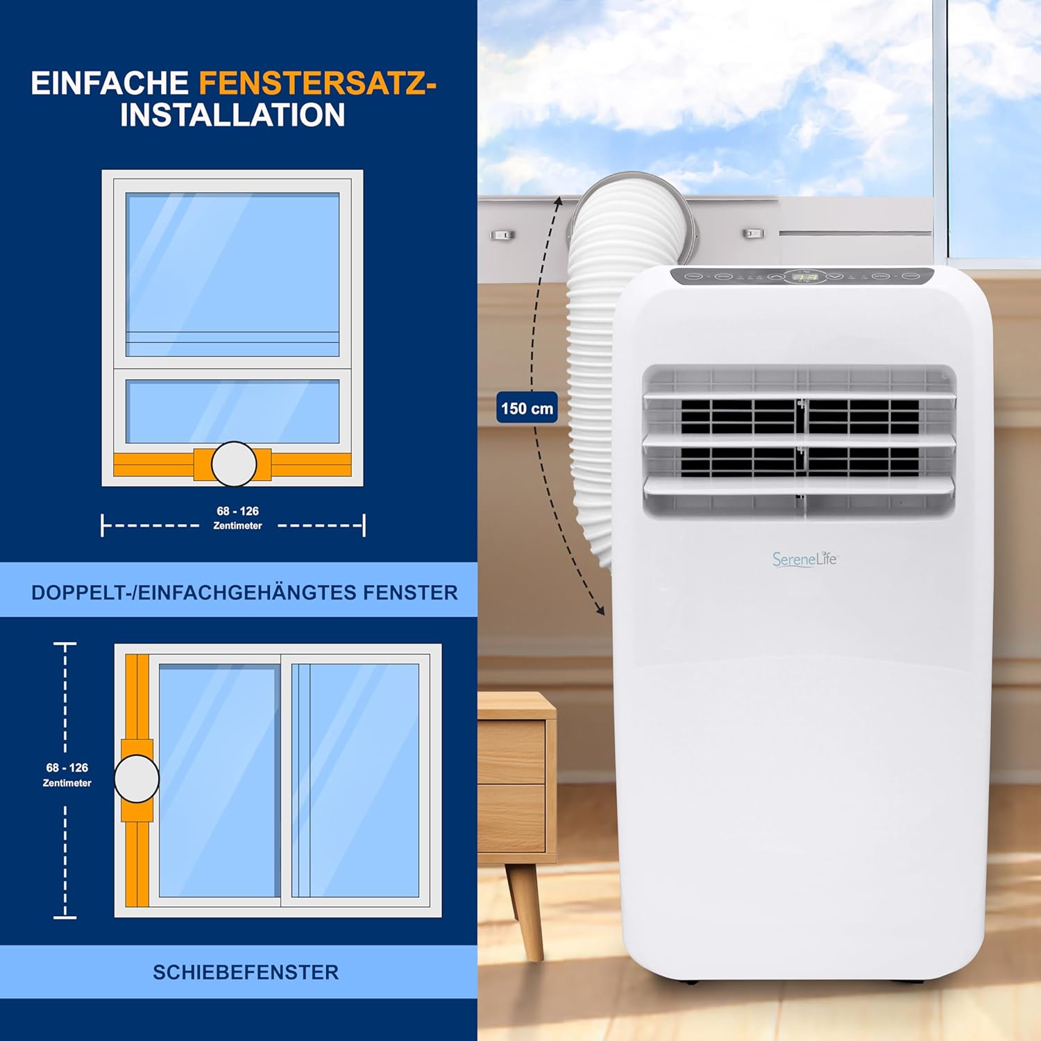 SereneLife Klimaanlage mobil, 3-in-1 mobiles Klimagert mit Abluftschlauch - Luftkühler, Luftentfeuchter & Ventilator, air conditioner 9.000 BTU, 1,5 L Feuchtigkeit/Stunde, kühlt Rume bis 42 m
