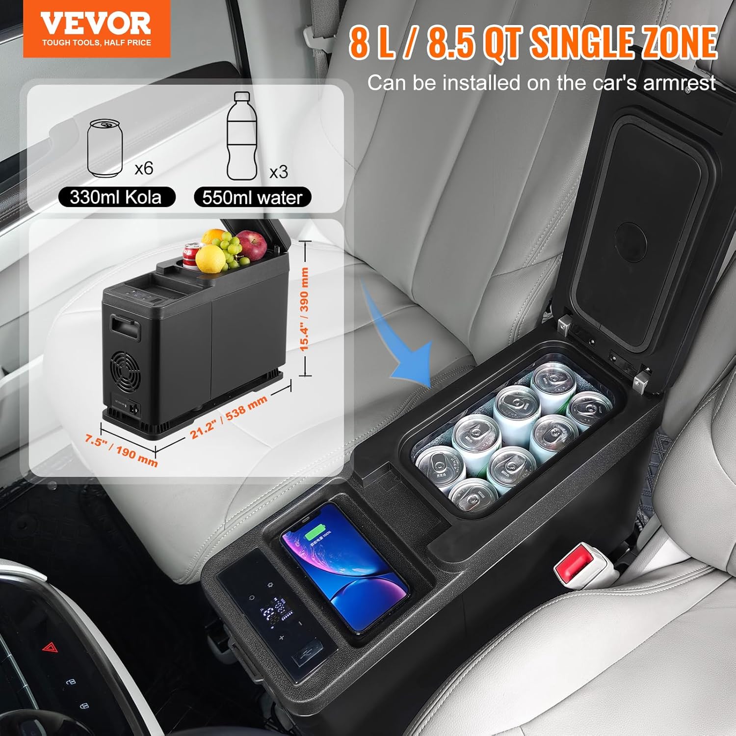 VEVOR Réfrigérateur Portable à Compression 8 L, Mini Frigo d'Accoudoir de Voiture 12/24 V CC et 100-240 V CA, Glacière à Zone Unique, -20 °C à 20 °C Réglable, pour Camion Bateau Maison Camping