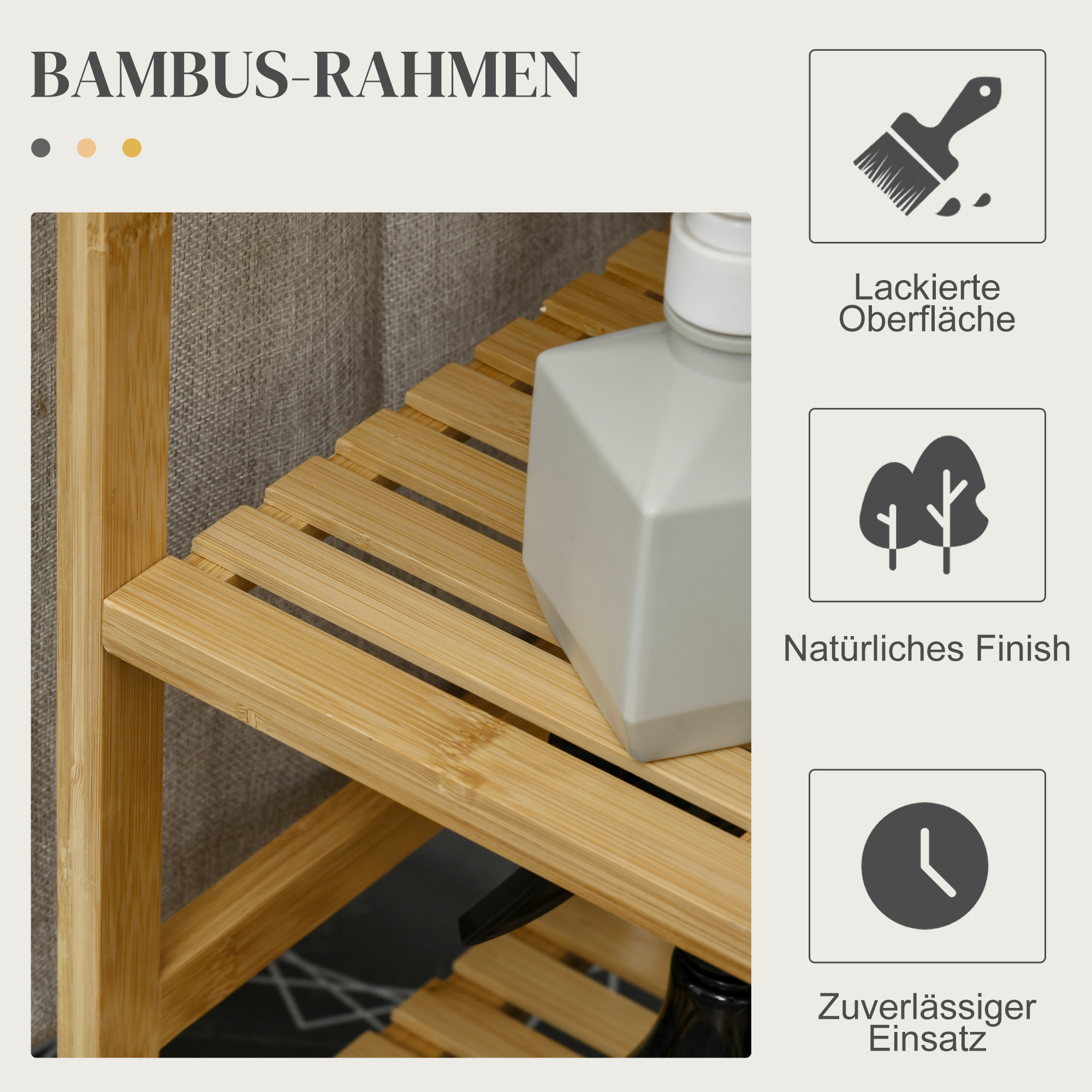 Wasmand, multifunctioneel, Stijkplank & Stoffen Zak 57L, Bamboe Frame, 113x34x82cm, Natuur/Grijs