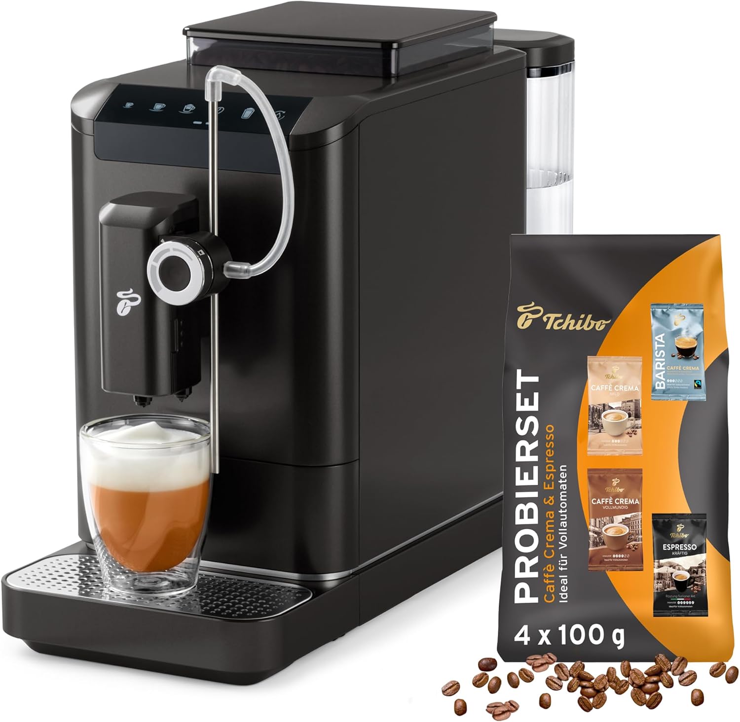 Tchibo Kaffeevollautomat Esperto2 Milk mit One-Touch Milchfunktion und 2-Tassen-Funktion für Espresso, Caffè Crema, Capuccino und Milchschaum, Granite Black - INKLUSIVE Kaffeeprobierset GRATIS