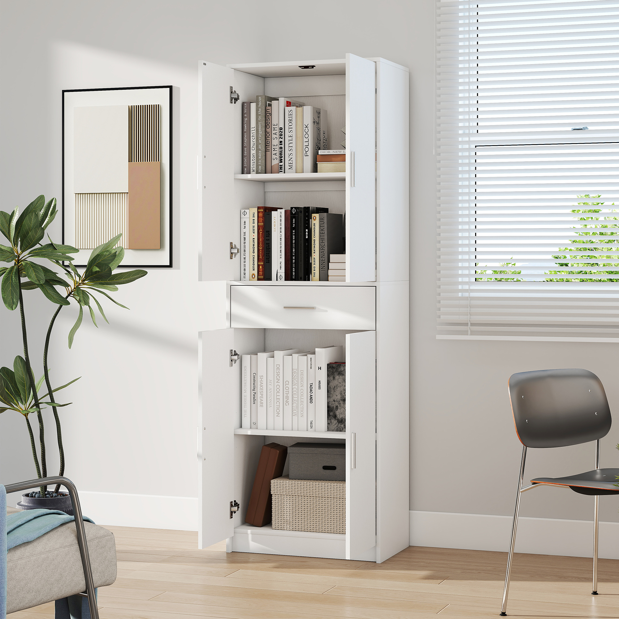 HOMCOM Keukenkast, 3-traps verstelbare planken, Spaanplaat, MDF, veel opbergruimte, Wit
