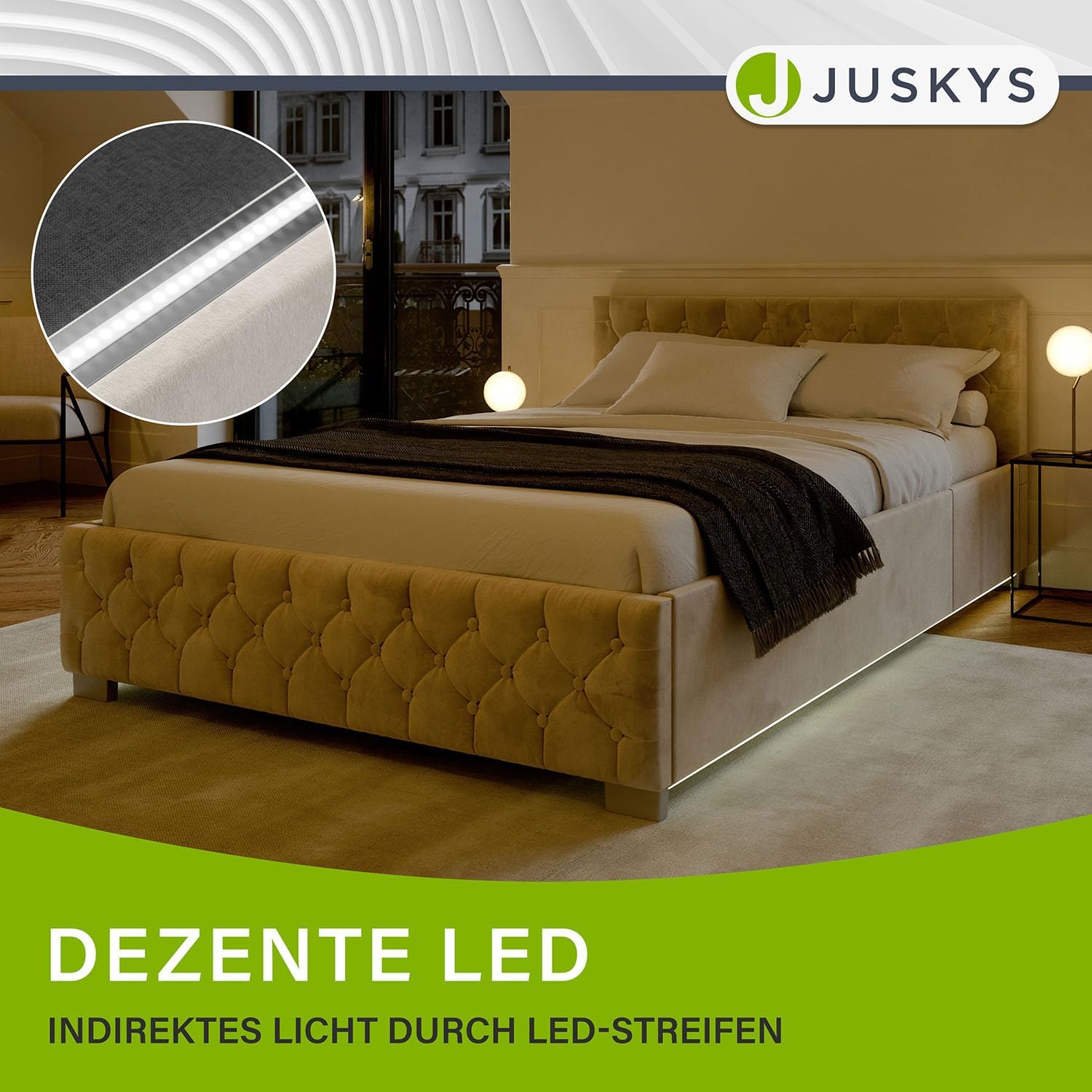 Juskys Polsterbett Nizza 140x200 cm Samt mit Stauraum, LED Beleuchtung & Lattenrost - Chesterfield Steppung & Kopfteil - Bett Bettgestell - Beige