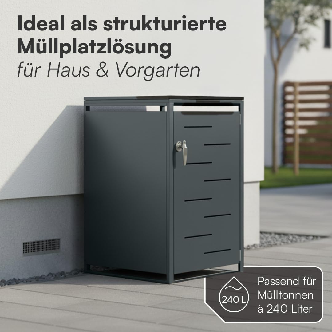 STEELSØN Diorus Mülltonnenbox 1er bis 240L abschließbar – Hochwertige Mülltonnenverkleidung 1 Tonne aus Stahl – Müllbox Müllcontainer Anthrazit - Mülltonnen Box wetterfest – Gerätebox mit Schloss