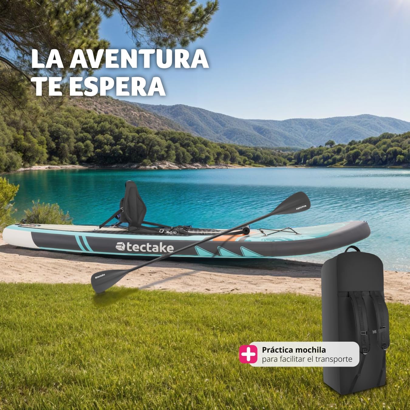 tectake® Tabla de Paddle Surf Hinchable, Incluye Remo 2 en 1, Asiento de Kayak, Bomba de Aire, Mochila de Transporte, Stand Up Paddle, Accesorios Paddle Surf, Tabla Hinchable