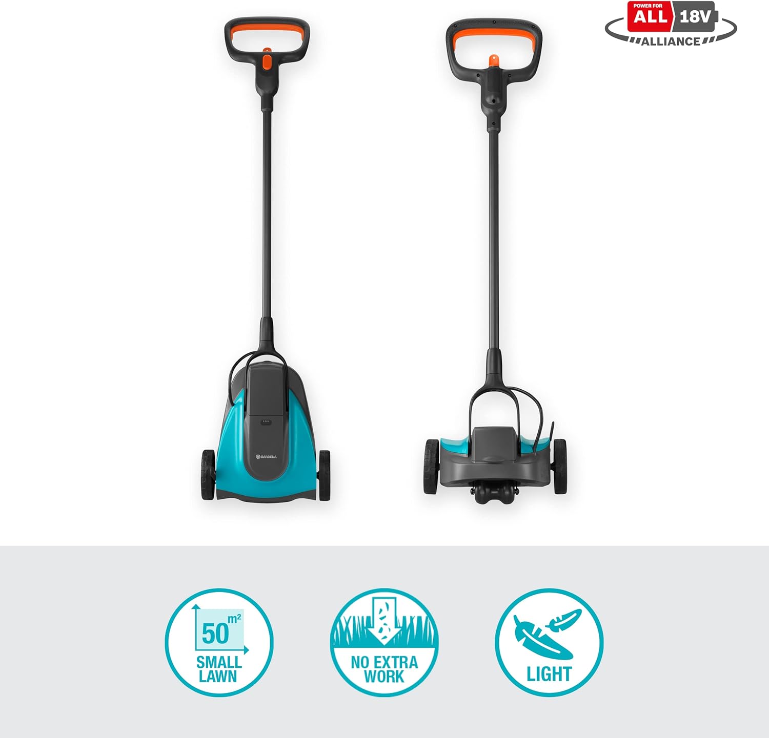 Gardena Akku-Rasenmäher HandyMower 22/18V P4A Ready-To-Use Set: Handrasenmäher, für Rasenflächen bis zu 50 m², Schnitthöhenverstellbar, inkl. 18V P4A Akku (14620-20)