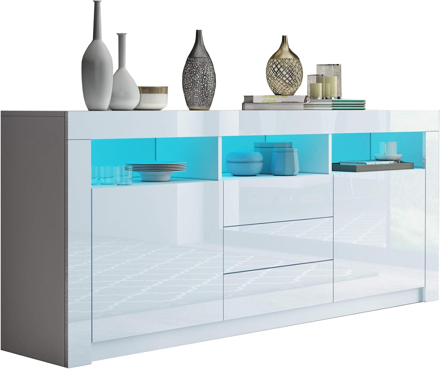 Moderner Sideboard Schrank Kommode in Front Hochglanz 2 Türen 3 Schubladen Esszimmer Küche Buffet Küchenschrank mit LED Streifen 160cm (Weiß)