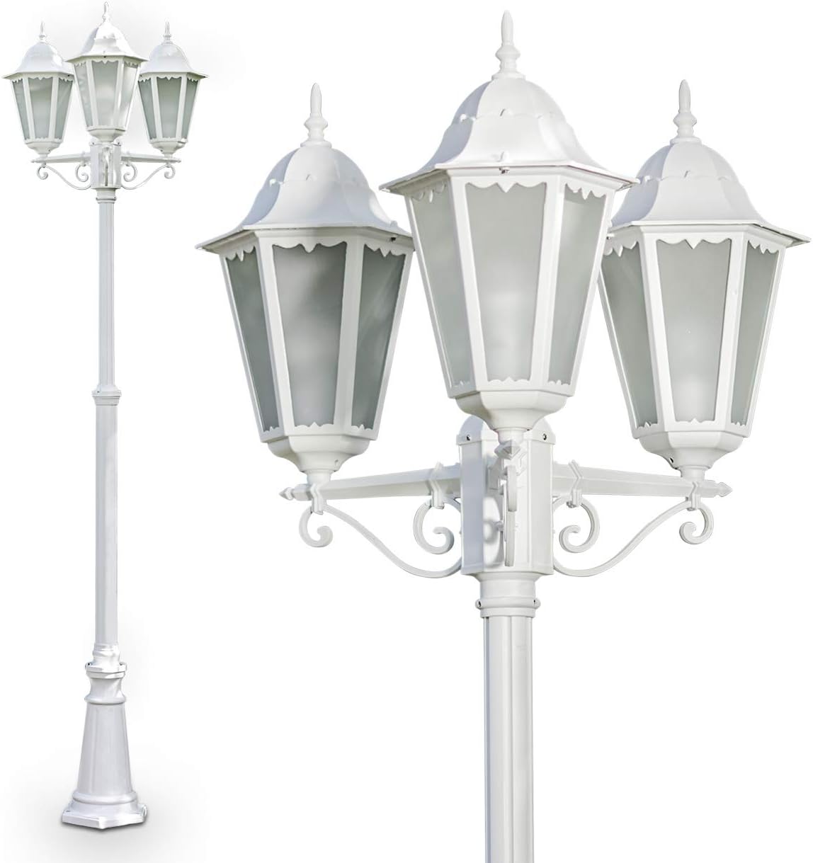 HOFSTEIN Kandelaber Hongkong, Außenwegeleuchte aus Metall/Milchglas in Weiß, Wegebeleuchtung 220 cm, 3 x E27, IP44, Wegeleuchte im Retro/Vintage-Design für Garten, Außenbereich, Hof