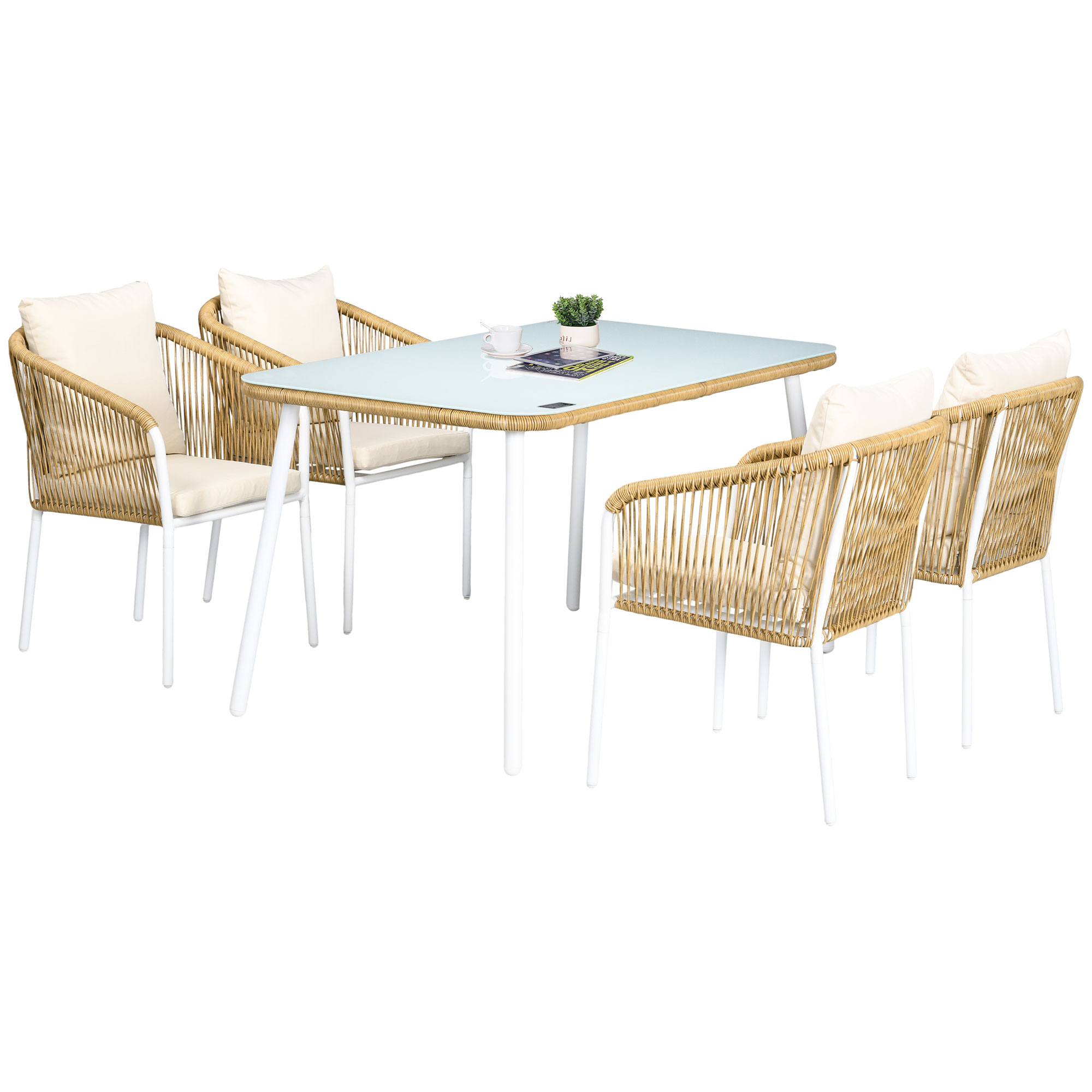 Tuinset, 5-delig, Rattanlook, Zit- & Rugkussens, roestvrij Alu-frame, Geel/Wit/Beige