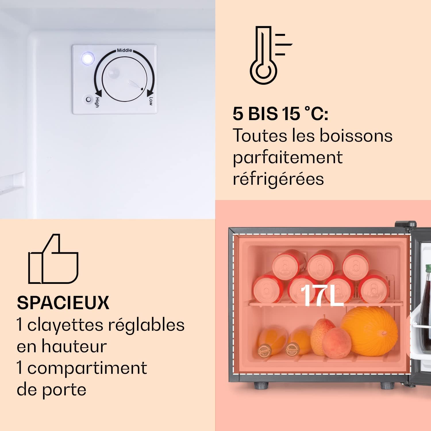 KLARSTEIN Mini Frigo de Chambre pour Boissons, Silencieux, Mini Bar Intérieur, Bières, Vins, Petit Refrigerateur Camping, 3 Niveaux de Refroidissement, Frigo Cosmetique, 0-15°C, 17L