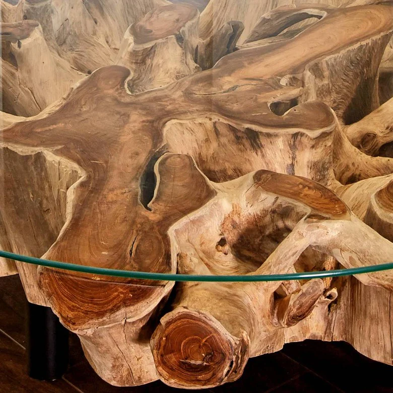 Wurzel Couchtisch NAGA inkl. Glasscheibe  100 cm auf Stahlfüssen