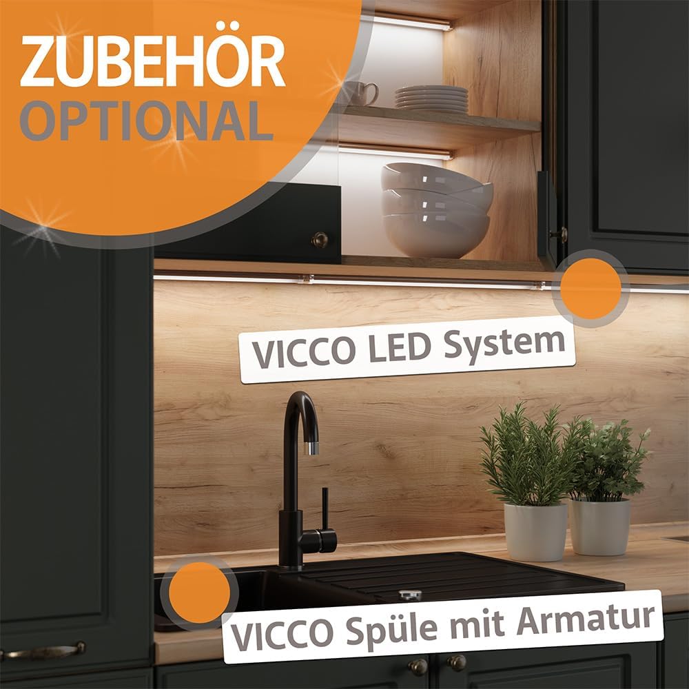 Vicco Küchenzeile Fame-Line, Grün-Gold Landhaus/Goldkraft Eiche, 300 cm mit Hochschrank, AP Eiche