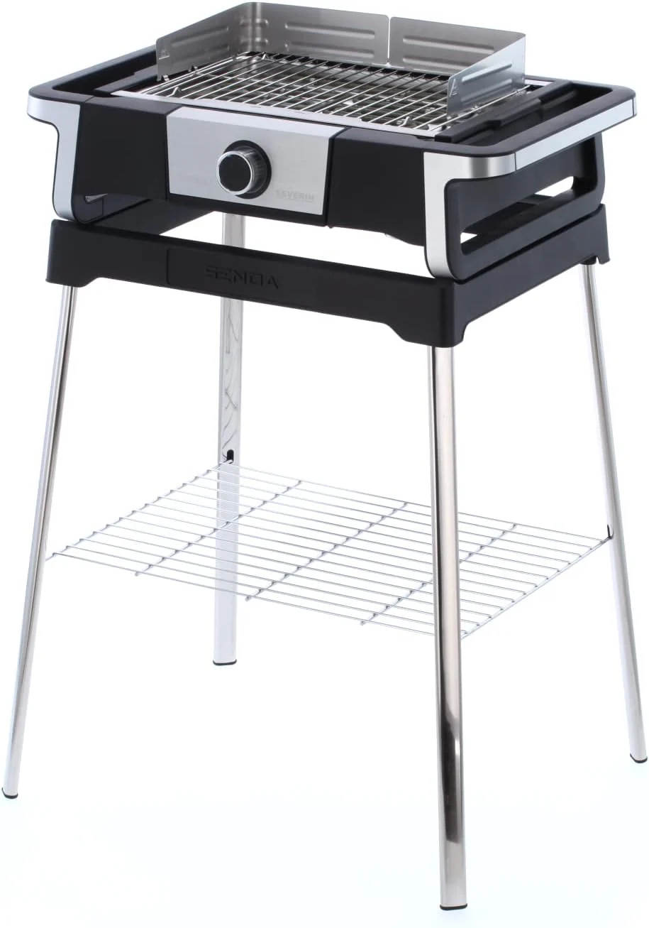 SEVERIN SENOA DigitalBOOST S elektrische barbecue met onderstel, staande barbecue met snelle start tot 500 ��C, balkonbarbecue met SafeTouch-oppervlak, RVS/zwart, PG 8118