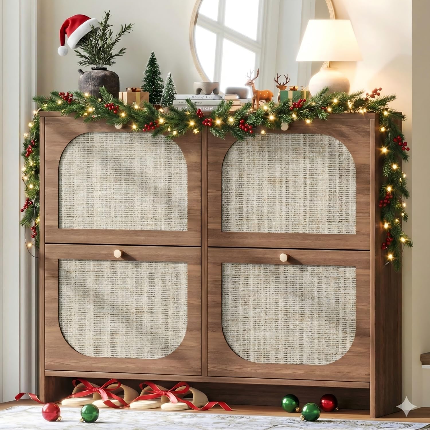 Nicetree Freestanding Ultra Slim Arched Rattan Accent Shoe Storage Modern Rustic Shoe Rack