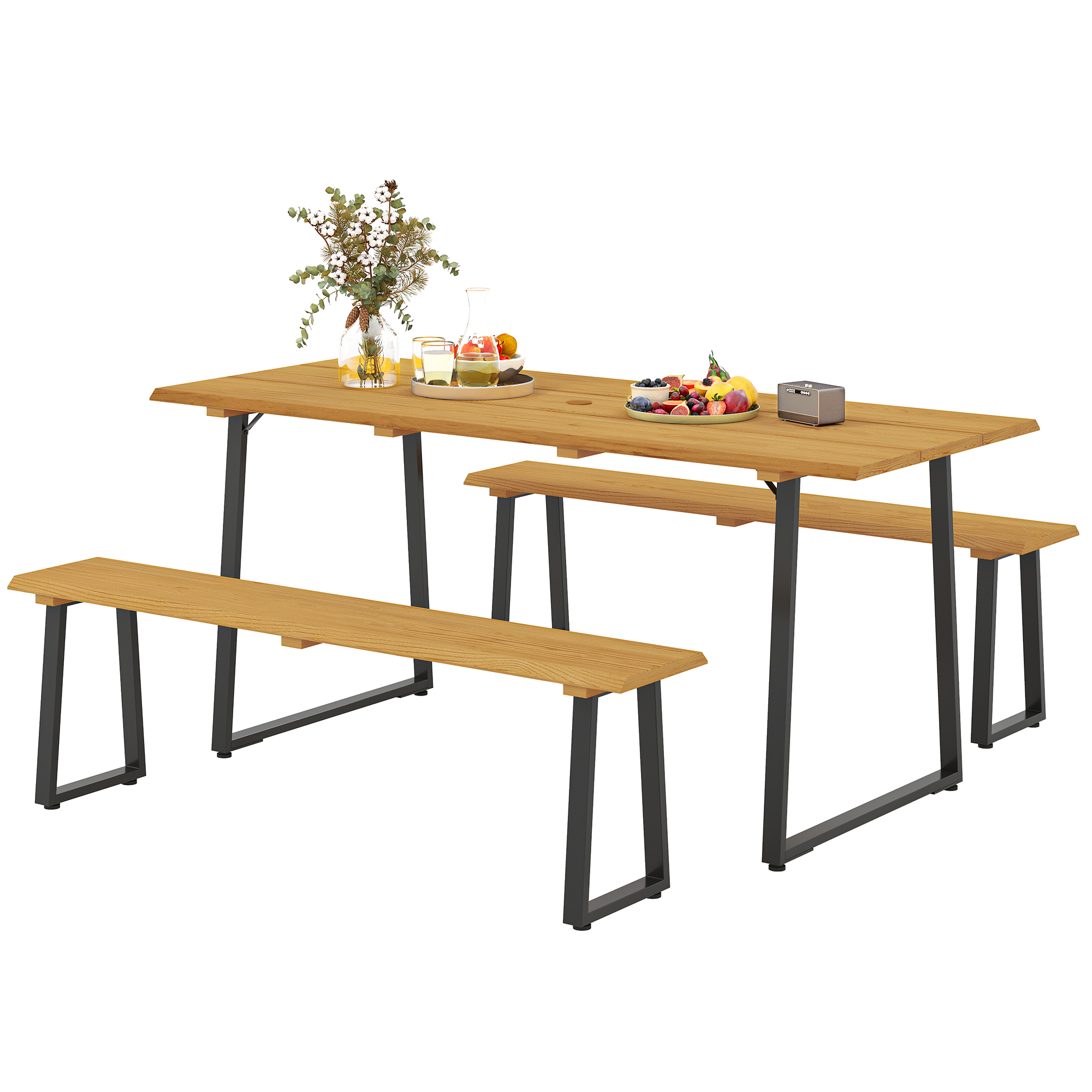3-delige houten zitgroep voor 6 personen met eettafel en 2 banken, parasolgat, 178 x 76 x 77 cm, natuurlijk hout