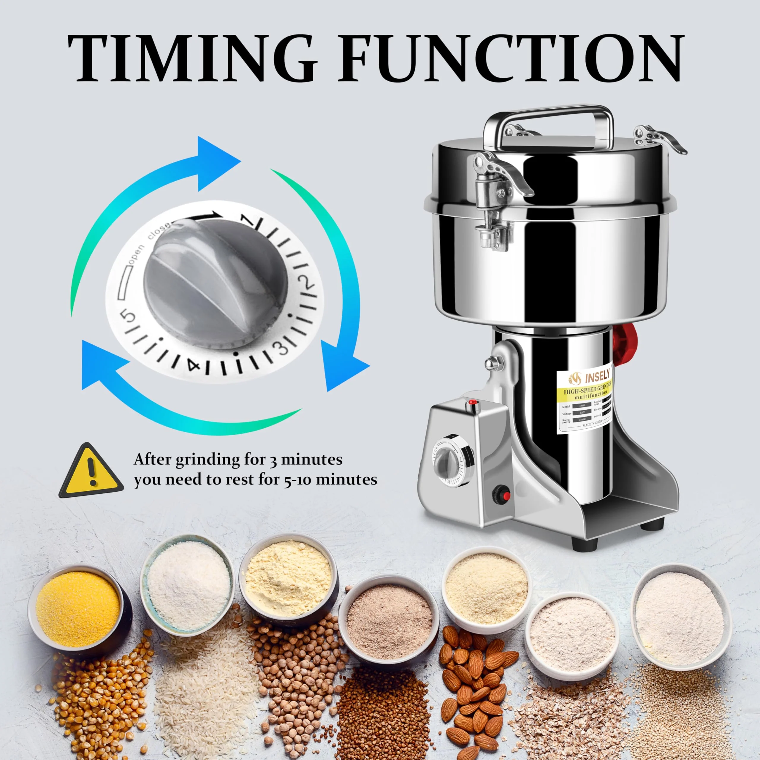 INSELY Stainless Steel 2000g High Speed Food Grain Mill Grinder