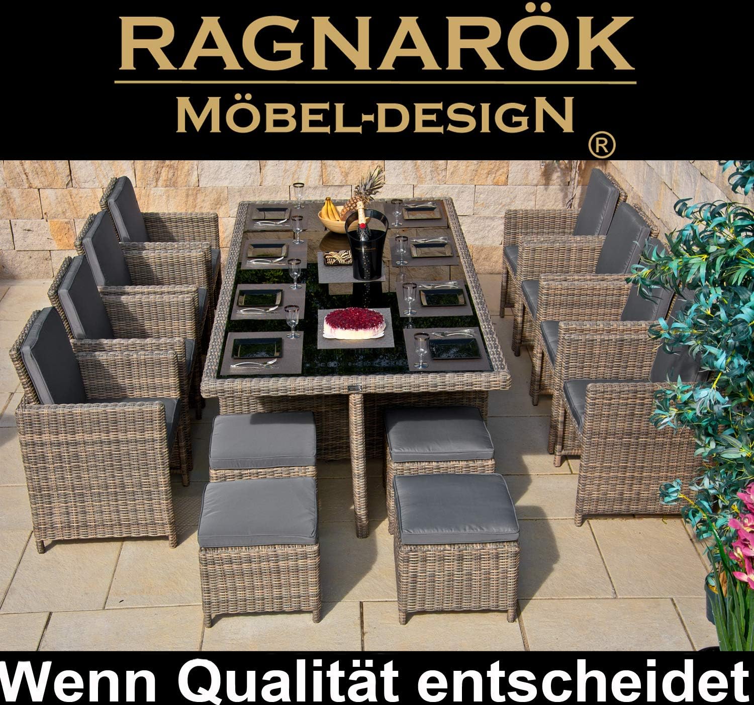 PolyRattan - Deutscher Hersteller - 10 Jahre GARANTIE auf UV-Beständigkeit - Gartenmöbel Essgruppe Tisch 8 Stuhl Hocker Polster Rostfrei Aluminium Dining Lounge Naturfarben Grau Schwarz