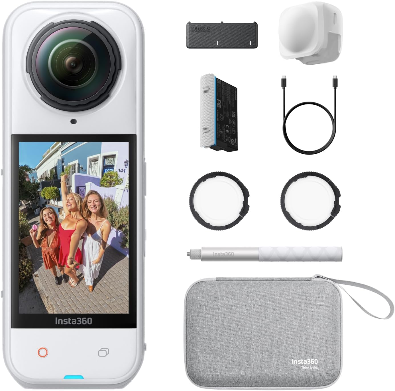 X5 Essentials-Bundle Satinweiß - wasserdichte 8K 360°-Kamera, Führend bei wenig Licht, Unsichtbarer Selfie-Stick-Effekt, robuste & auswechselbare Linsen, 3 h Akku, Integr. Windschutz