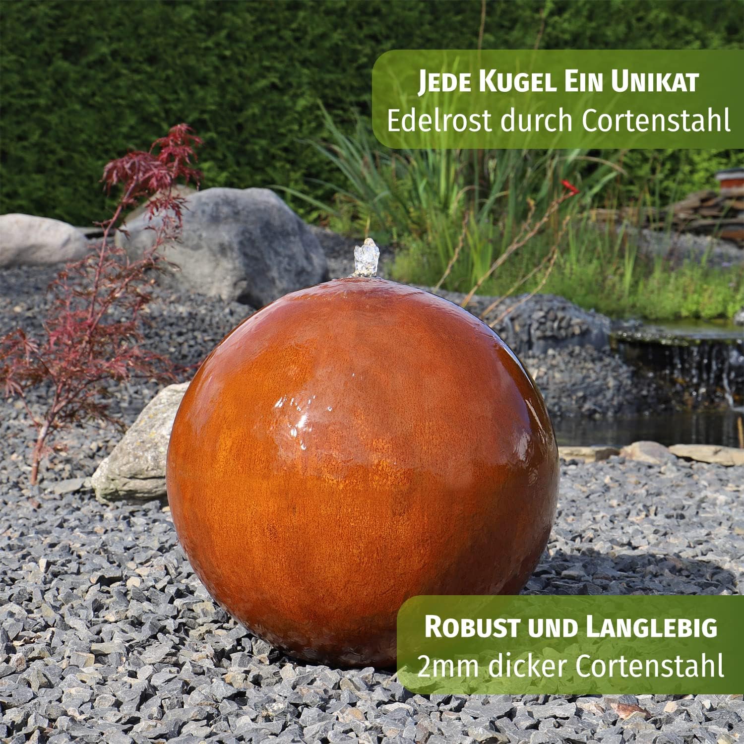 CLGarden Cortenstahl Kugelbrunnen CSB50 Gartenbrunnen Wasserspiel Rost Kugel Springbrunnen mit LED Beleuchtung