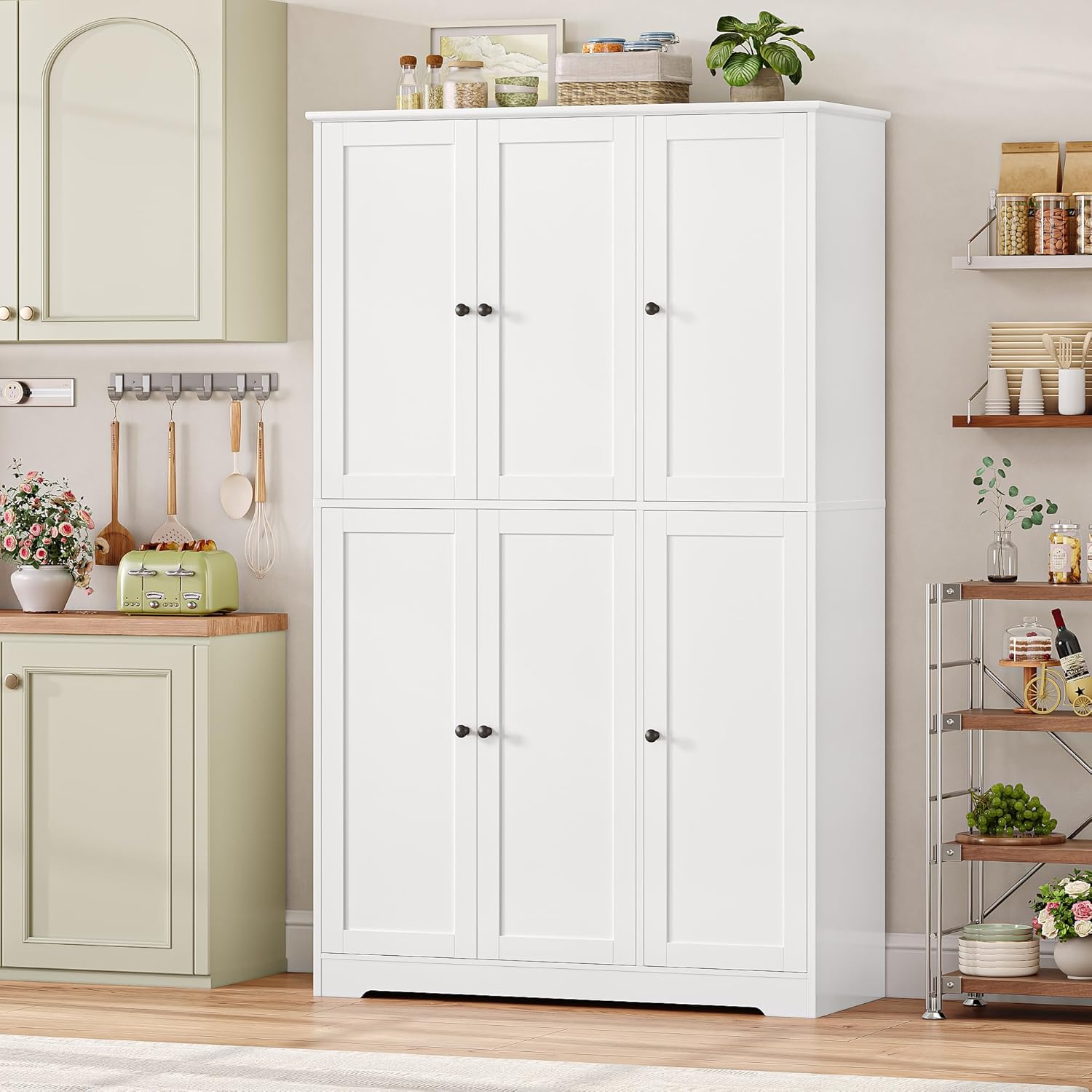 FirFurd Küchenschrank, 180 cm Mehrzweckschrank Vorratsschrank, Buffetschrank mit 6 Türen und verstellbaren Einlegeböden, Allzweckschrank für Küche Wohnzimmer Eingangsbereich, 180x106x37 cm, weiß