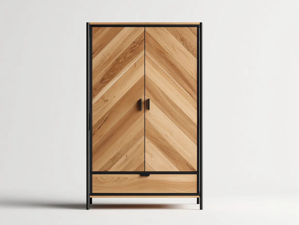 Kleiderschrank mit zwei Türen - Holzwerkstoff-Massivholz-Metall - 104 x 57 x 190 cm - Natur-Schwarz - Moderner Stil