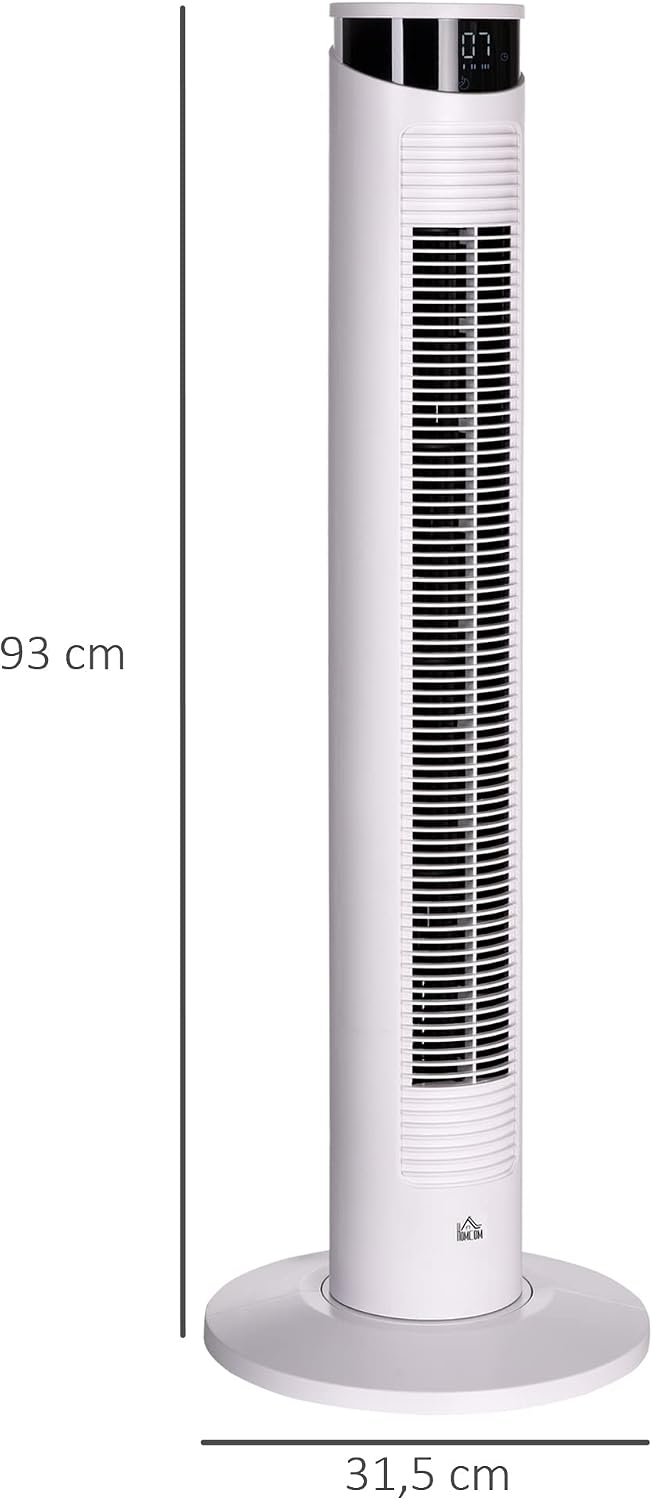HOMCOM Ventilateur Colonne 45 W, Ventilateur Tour Chambre à Coucher avec Télécommande, Oscillation 70°, 3 Modes, 3 Vitesses, Minuterie 12H, Écran LED, Mode Veille, 93H cm, Blanc