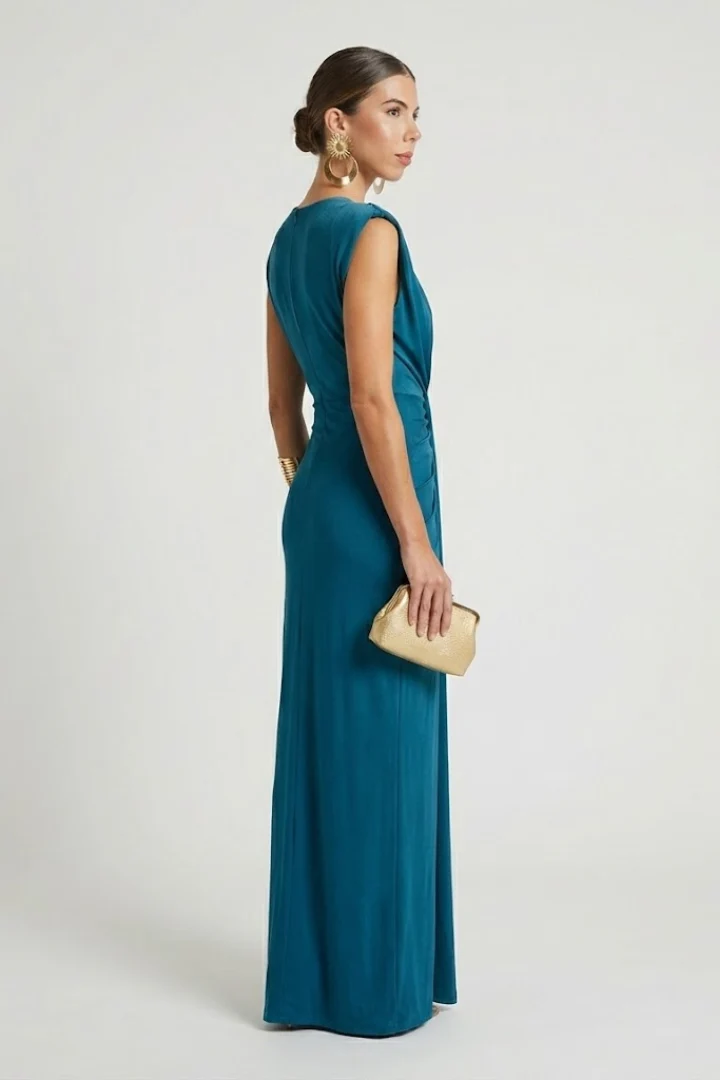 Damen Maxikleid mit V-Ausschnitt | ?rmelloses Abendkleid bodenlang mit vertikaler Plissierung f��r festliche Anl?sse