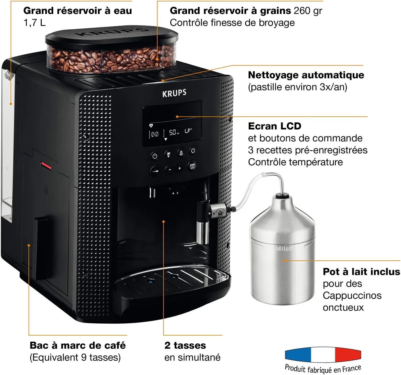 Krups Essential Kaffeevollautomat mit Milchschlauch, 2-Tassen-Funktion, LCD-Display, Einfache Reinigung, Kaffeemaschine, T��V-Siegel, Schwarz, EA816031