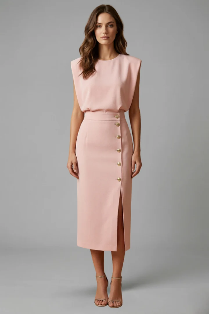 Damen Midikleid mit Rundhalsausschnitt und seitlichem Schlitz | ?rmelloses Kleid mit Knopfleiste und tailliertem Schnitt