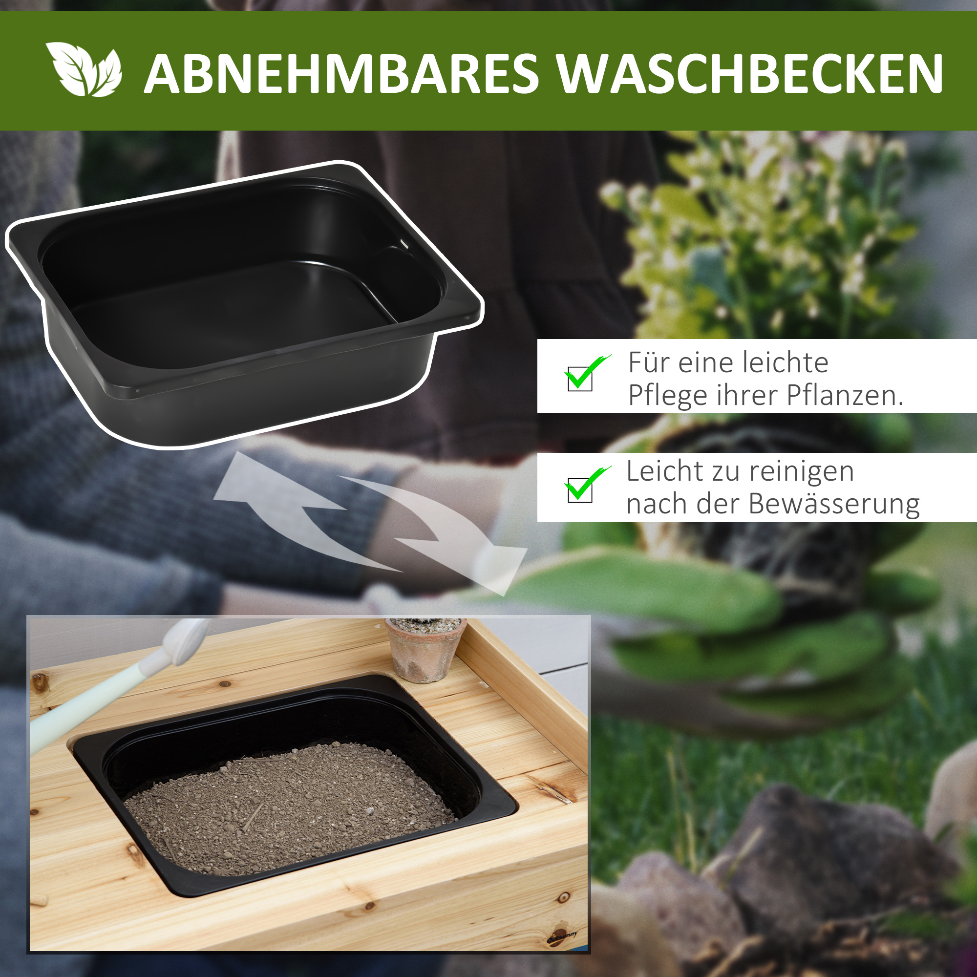 Outsunny Planttafel Tuintafel met Wastafel Houten Bloementafel met Ladehaak Mandplank Tuinterras Naturel 107,5 x 46 x 142 cm