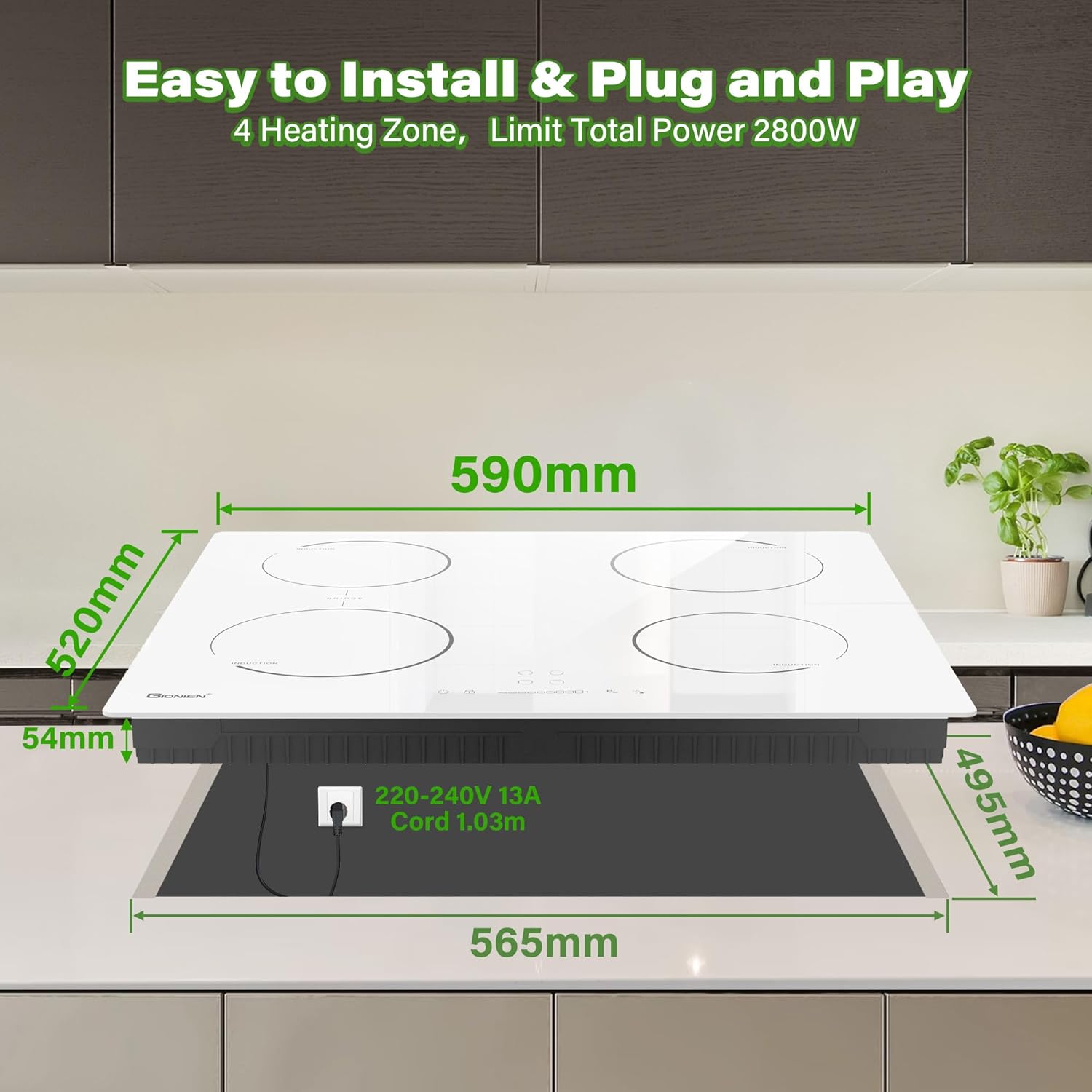 GIONIEN Induktionskochfeld mit Stecker 60cm 16Amp,Integriertes Elektrokochfeld Plug in mit Brückenzone, 4 Kochstellen Herd,weiß,2800W