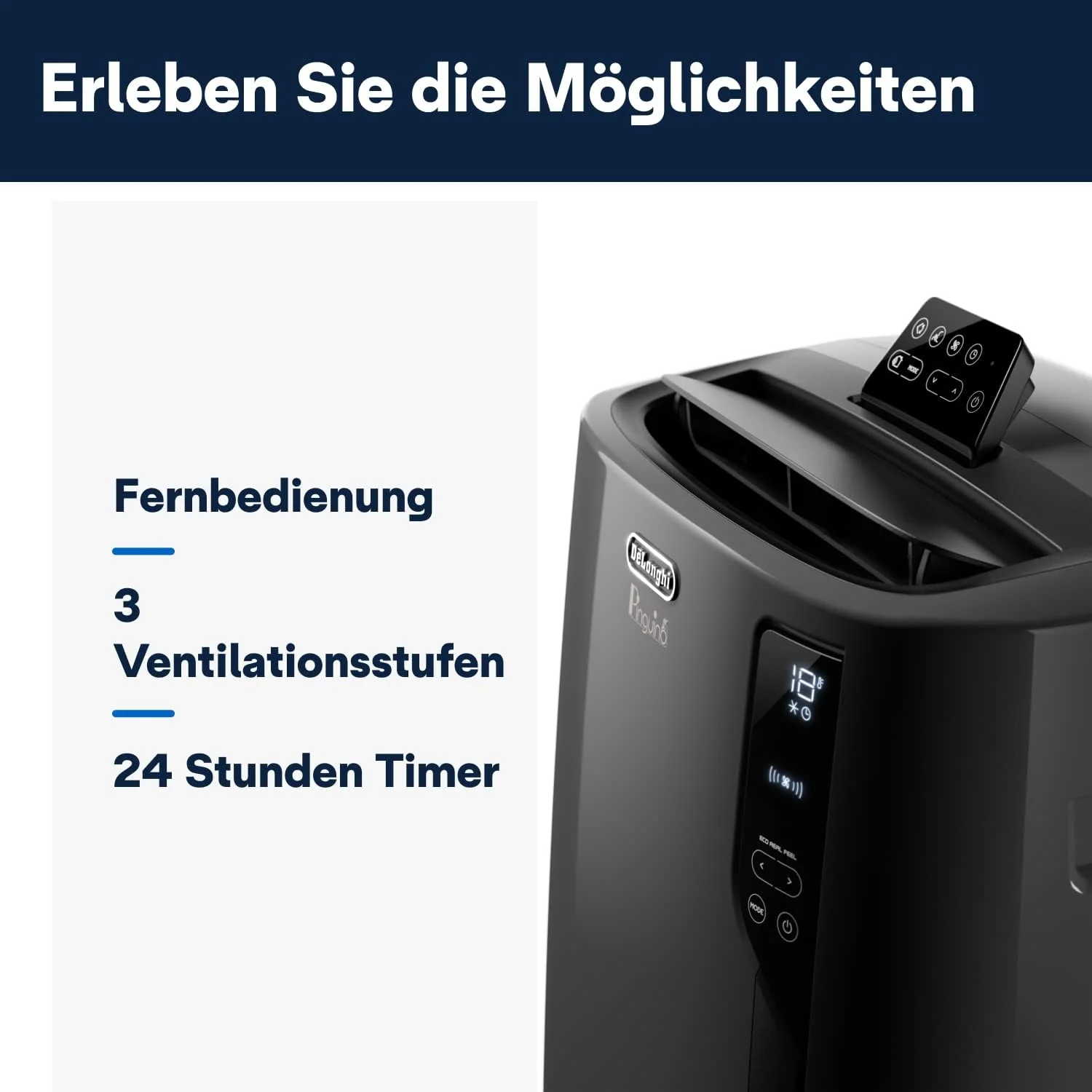 De'Longhi Pinguino PAC EL112 CST mobiele airconditioner met afvoerslang, airconditioning voor ruimtes tot 110 m3, luchtontvochtiger, ventilatiefunctie, 24-uurs timer, zwart