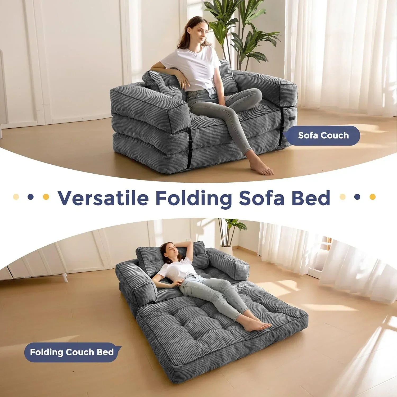 Folding Sofa Bed L-Shaped Convertible Sofa Bed with Armrests and Pillows