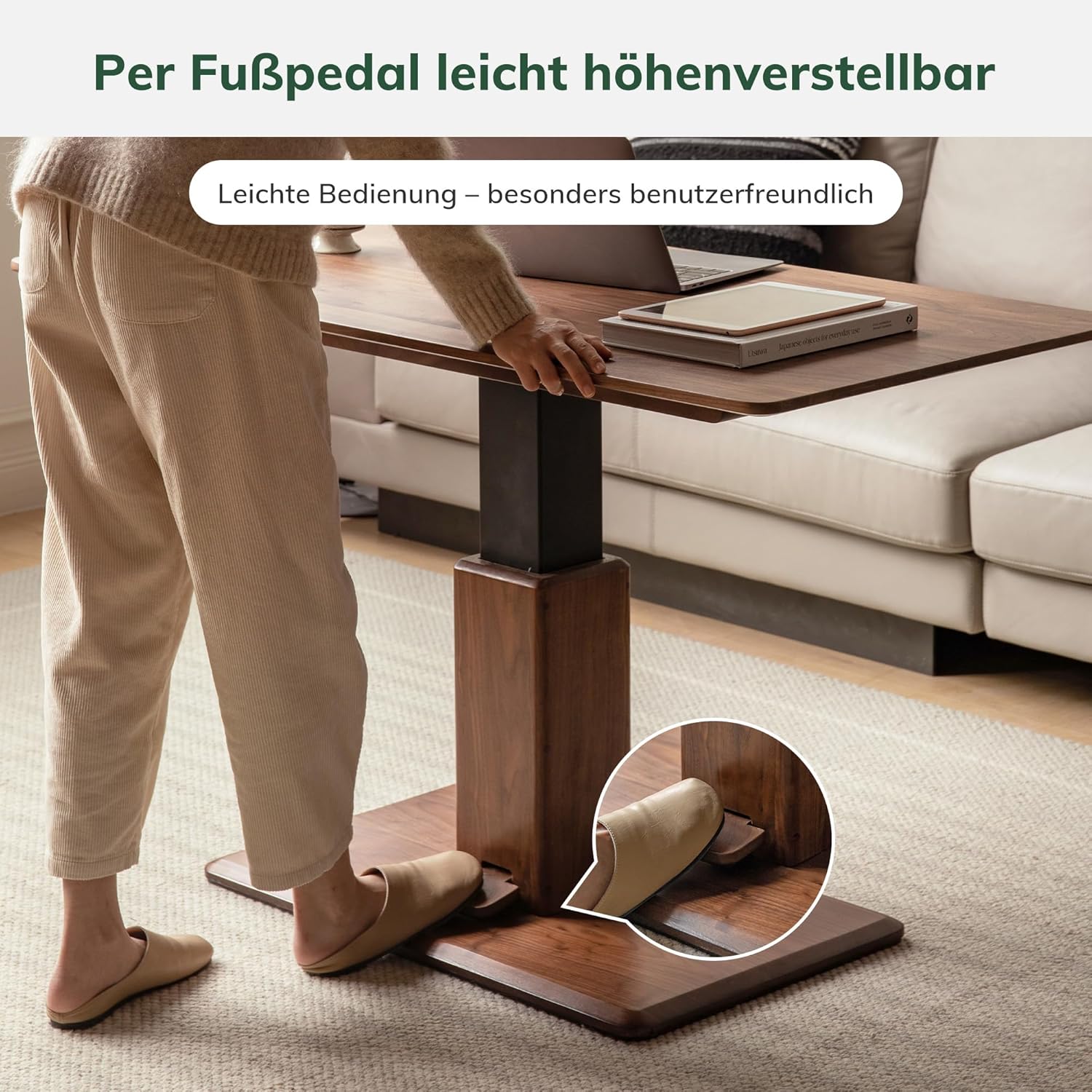 YESWOOD Höhenverstellbarer Couchtisch aus Eiche Massivholz, Modernes Design, Wohnzimmertisch aus Massivholz, Verstellbare Tischplatte 47–72 cm, 100 x 50 x 47 cm, Walnuss