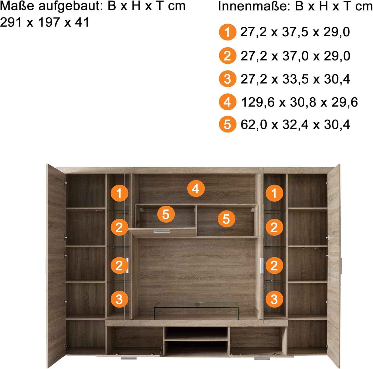 trendteam smart living - Mondeo - Wohnwand - Eiche - Anbauwand mit 4 Türen, 5 offenen Fächern, 3 Klappen und 7 Einlegeböden - (BxHxT) 291 x 197 x 41 cm -viel Stauraum für Ordnung.